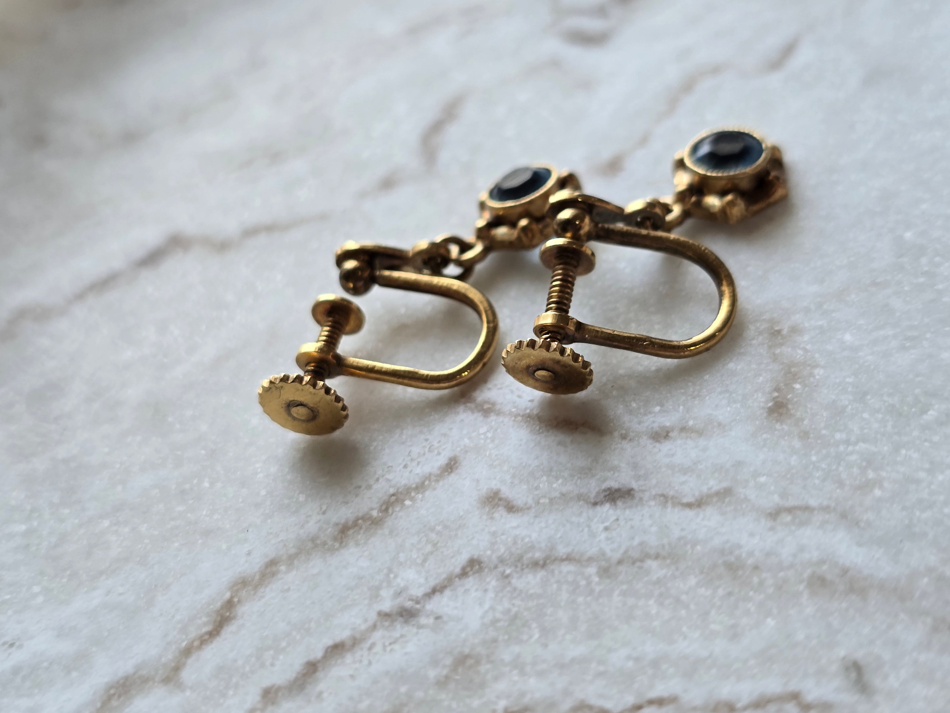 Antique Rolled Gold Delicate Floral Open Back Blue Crystal Drop Screw Back Earrings