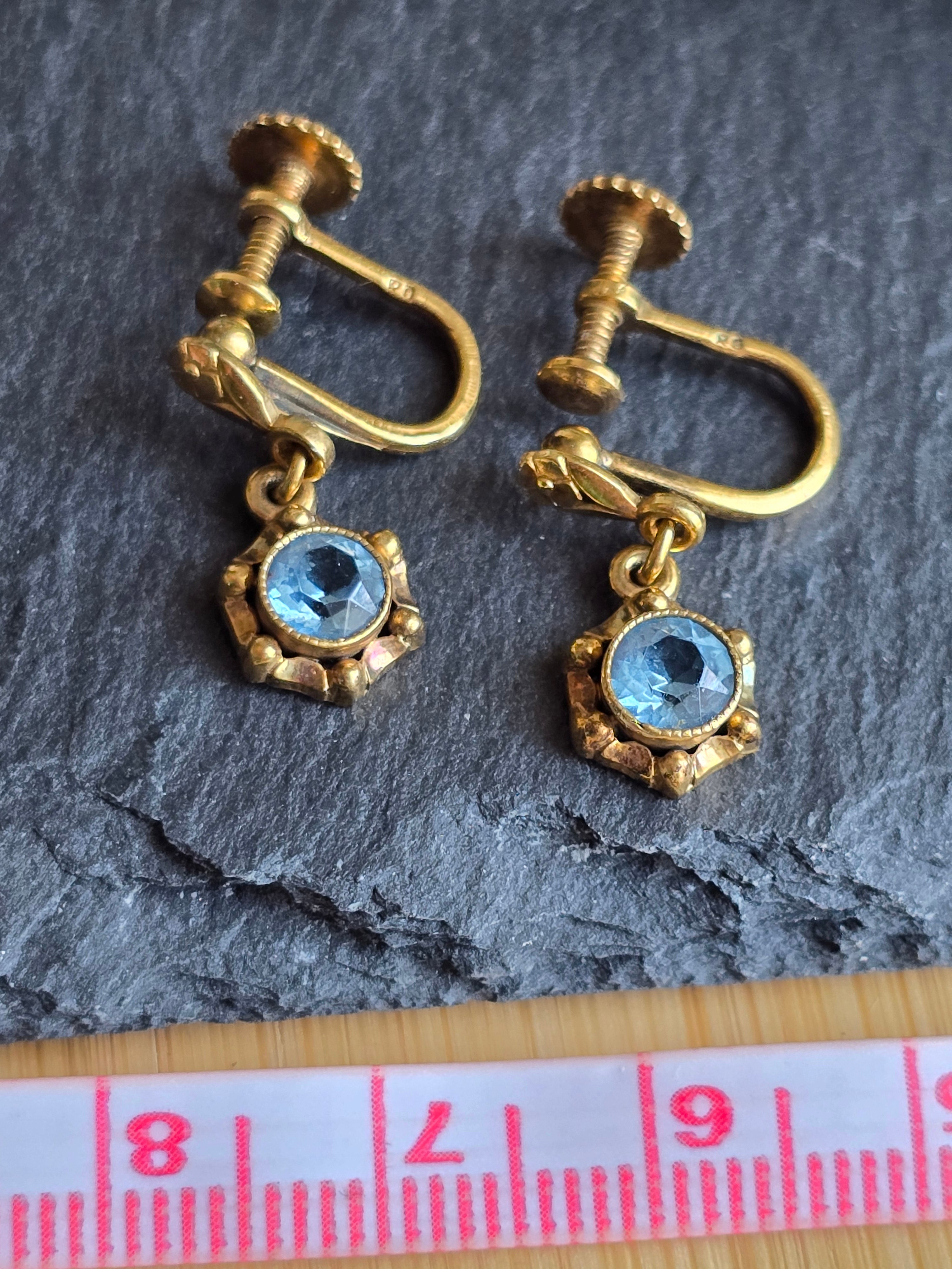 Antique Rolled Gold Delicate Floral Open Back Blue Crystal Drop Screw Back Earrings