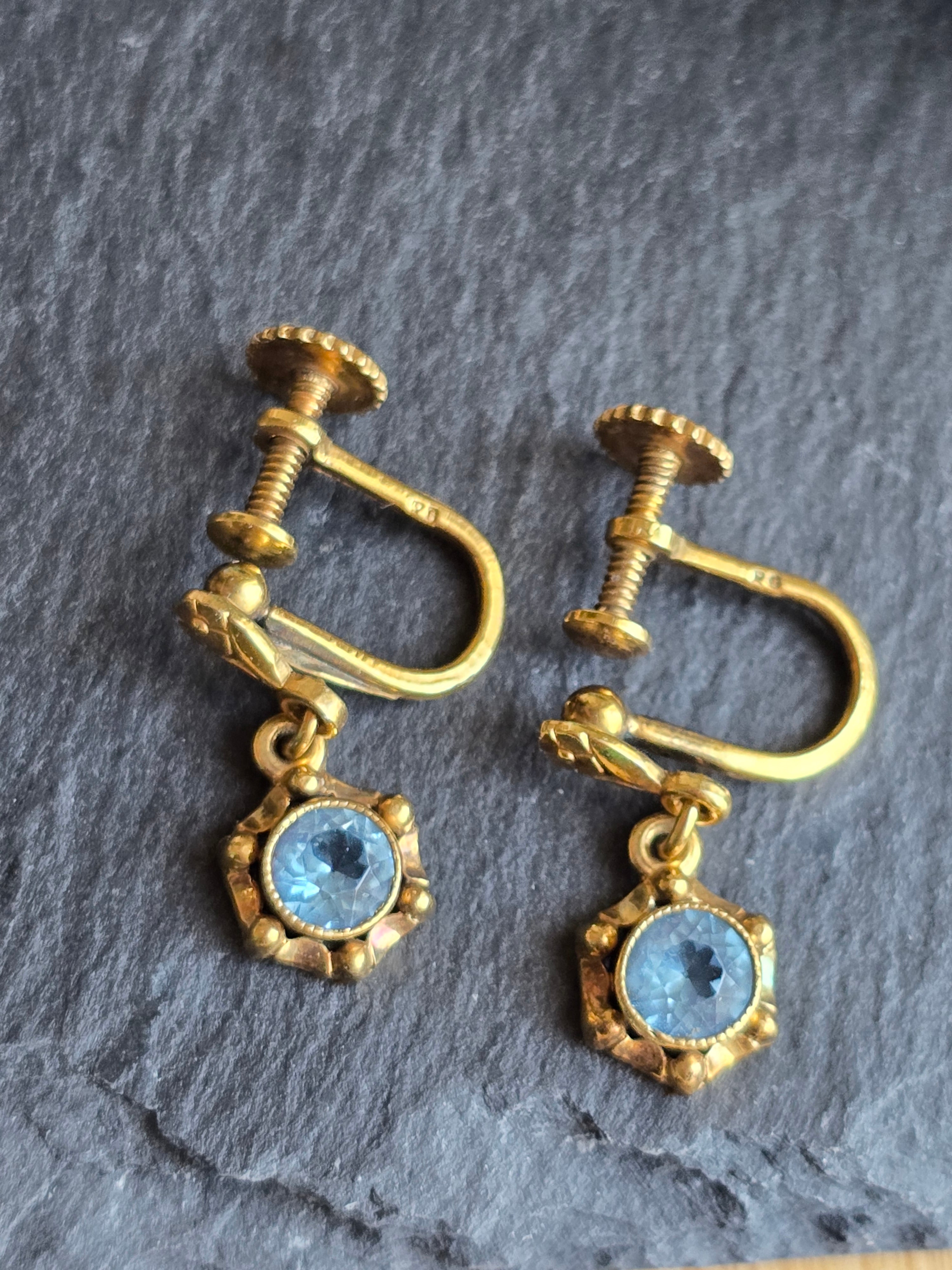 Antique Rolled Gold Delicate Floral Open Back Blue Crystal Drop Screw Back Earrings