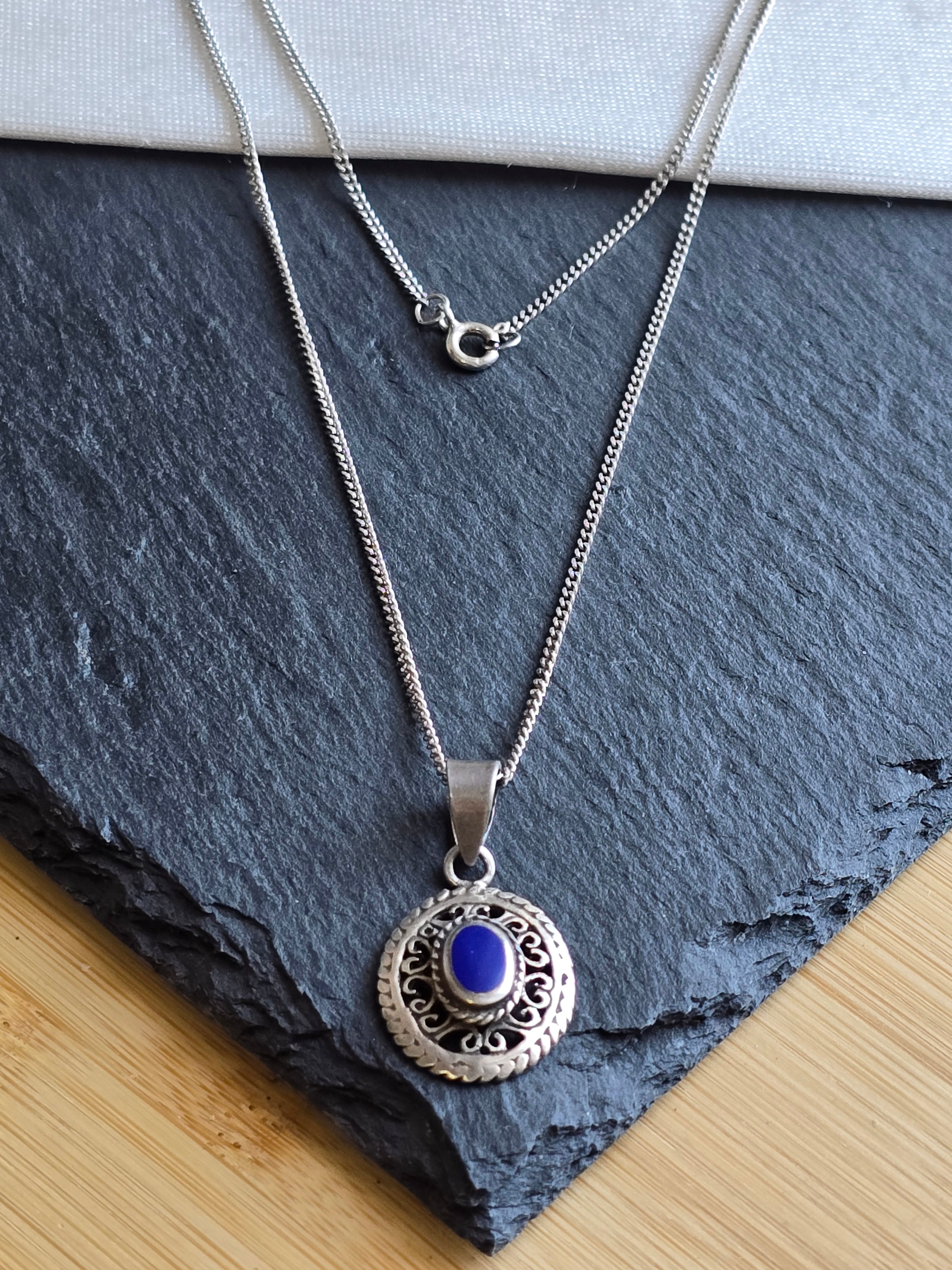 Sterling Silver Boho Oval Lapis Lazuli Gemstone Necklace