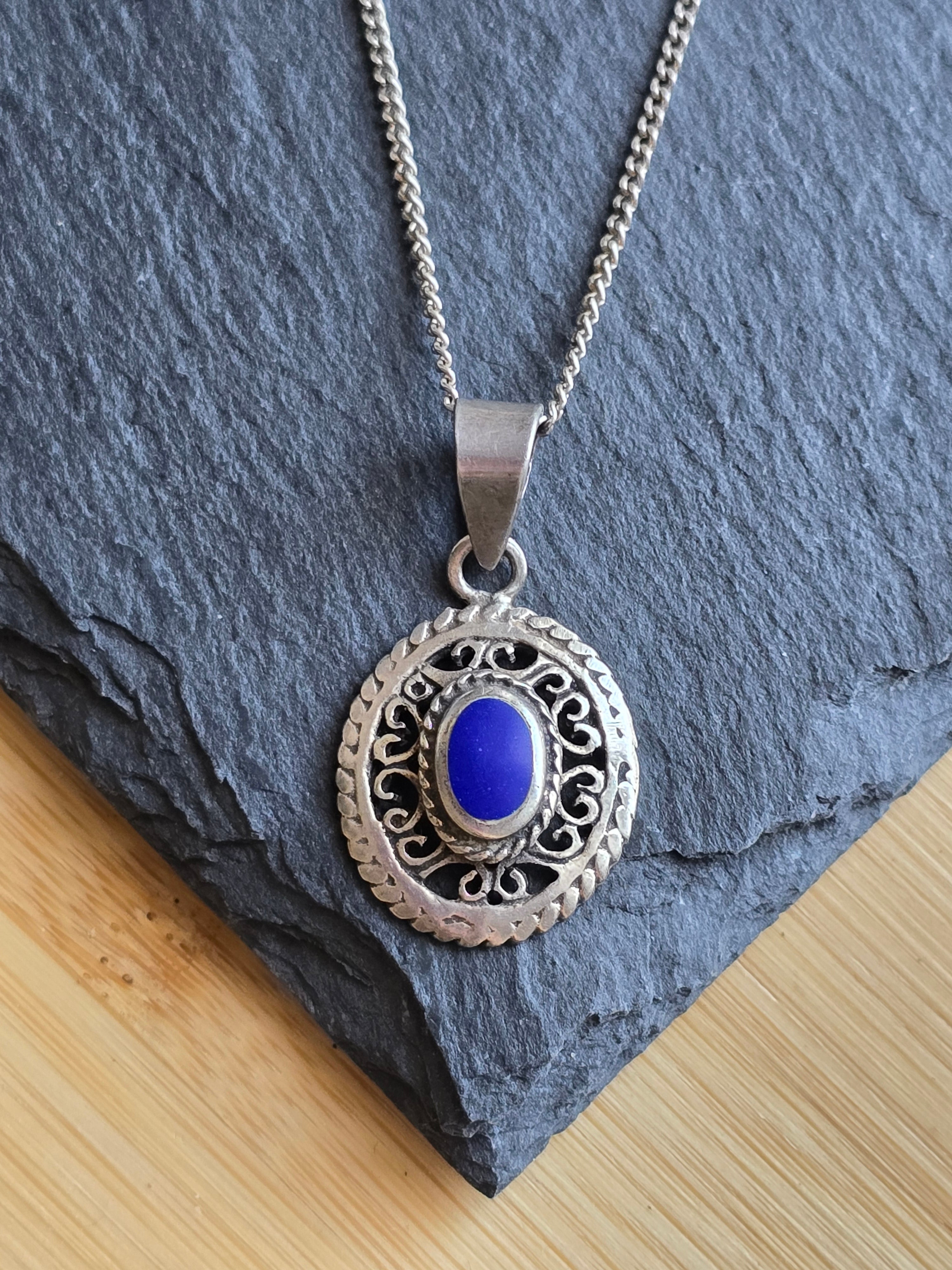 Sterling Silver Boho Oval Lapis Lazuli Gemstone Necklace