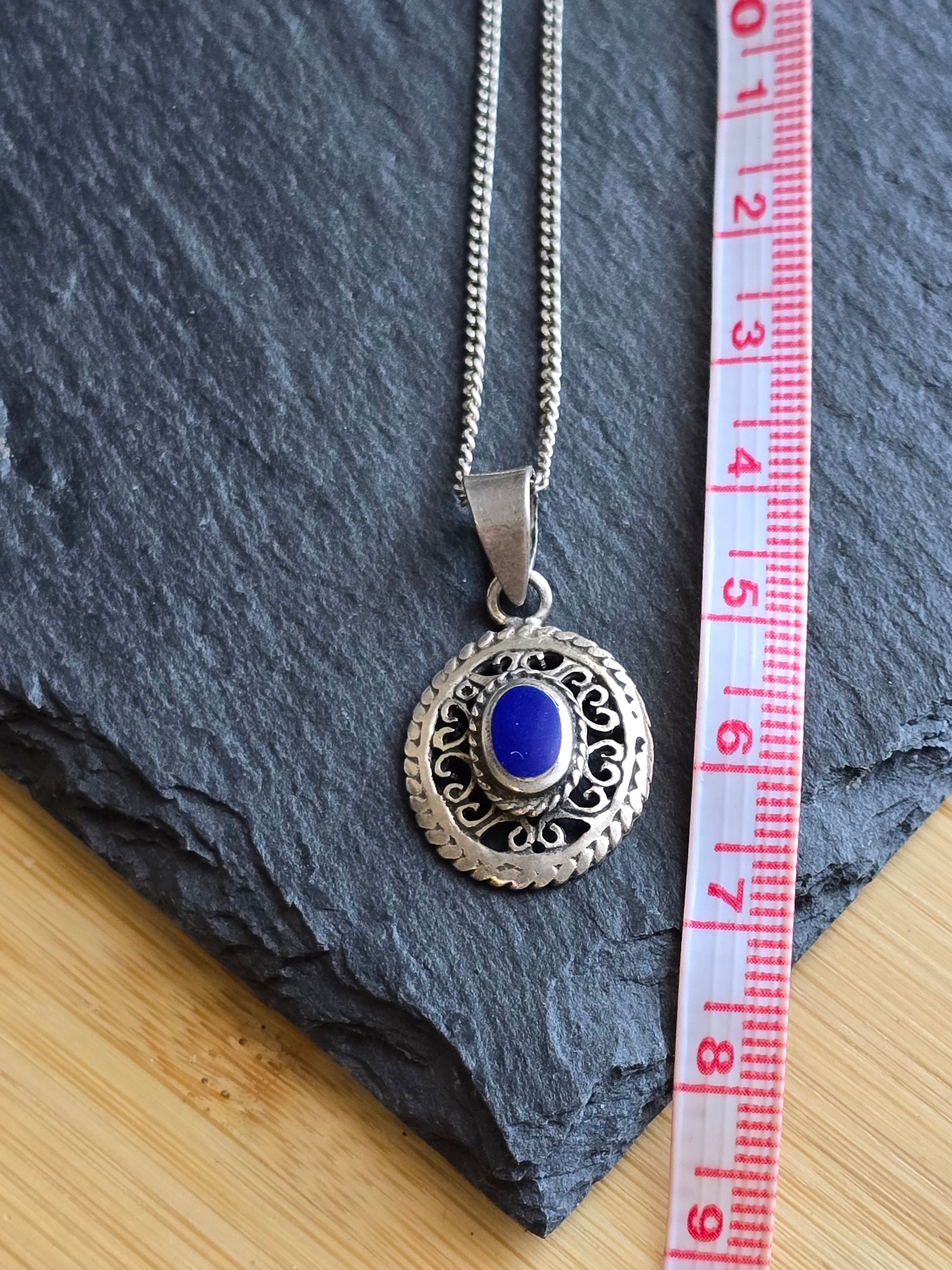 Sterling Silver Boho Oval Lapis Lazuli Gemstone Necklace