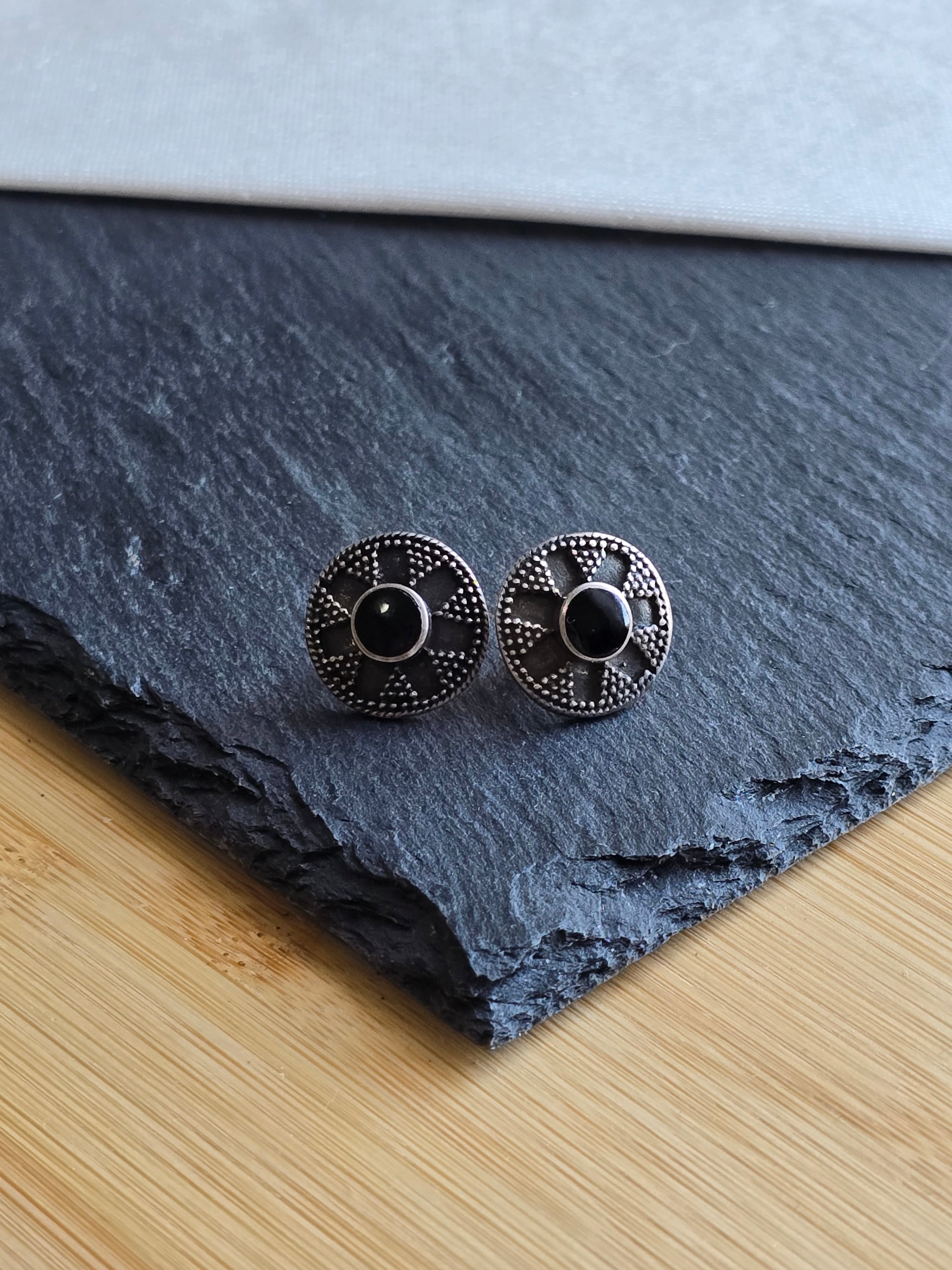 Sterling Silver Black Onyx Oxidised Boho Gemstone Stud Earrings