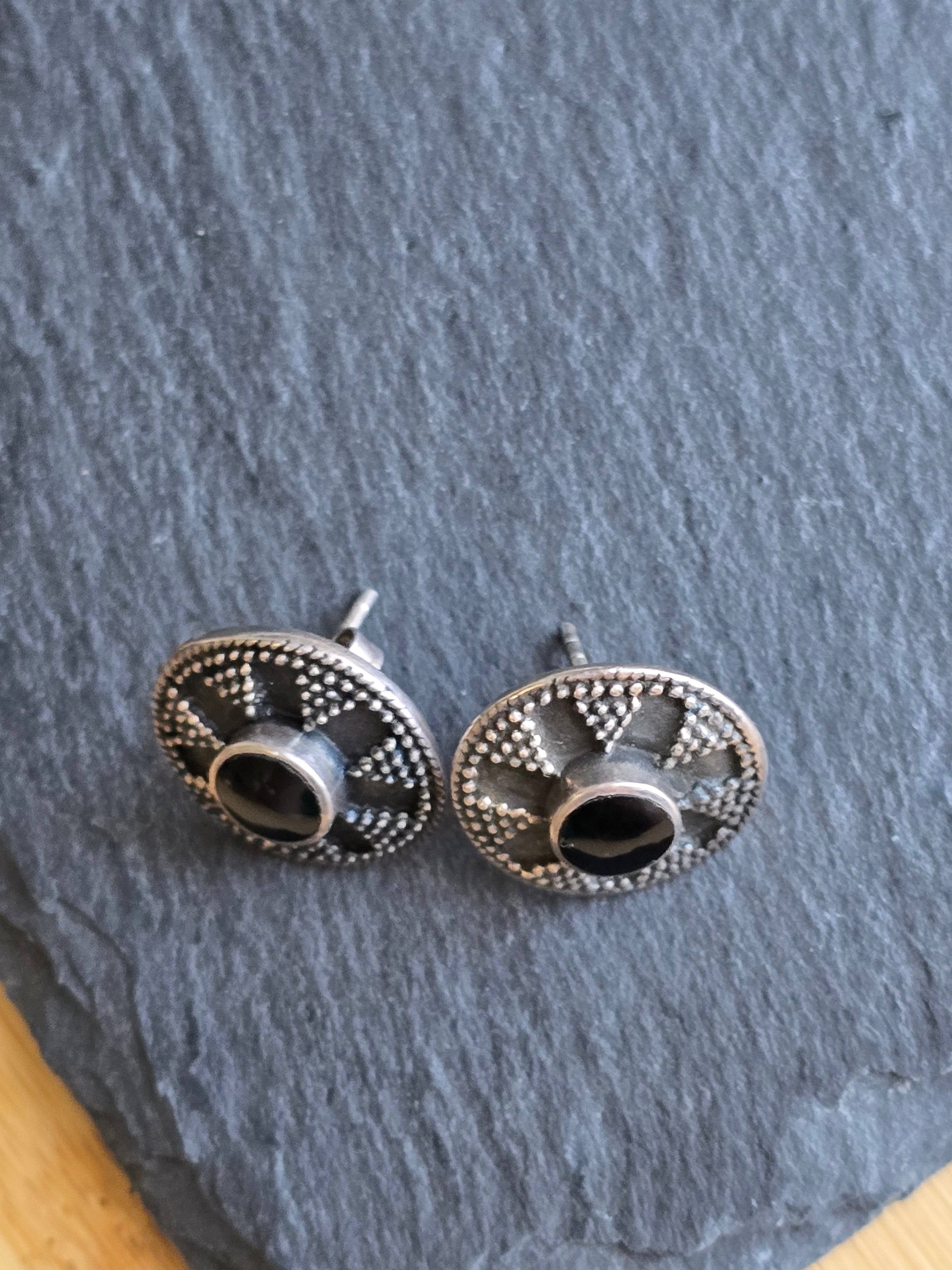 Sterling Silver Black Onyx Oxidised Boho Gemstone Stud Earrings
