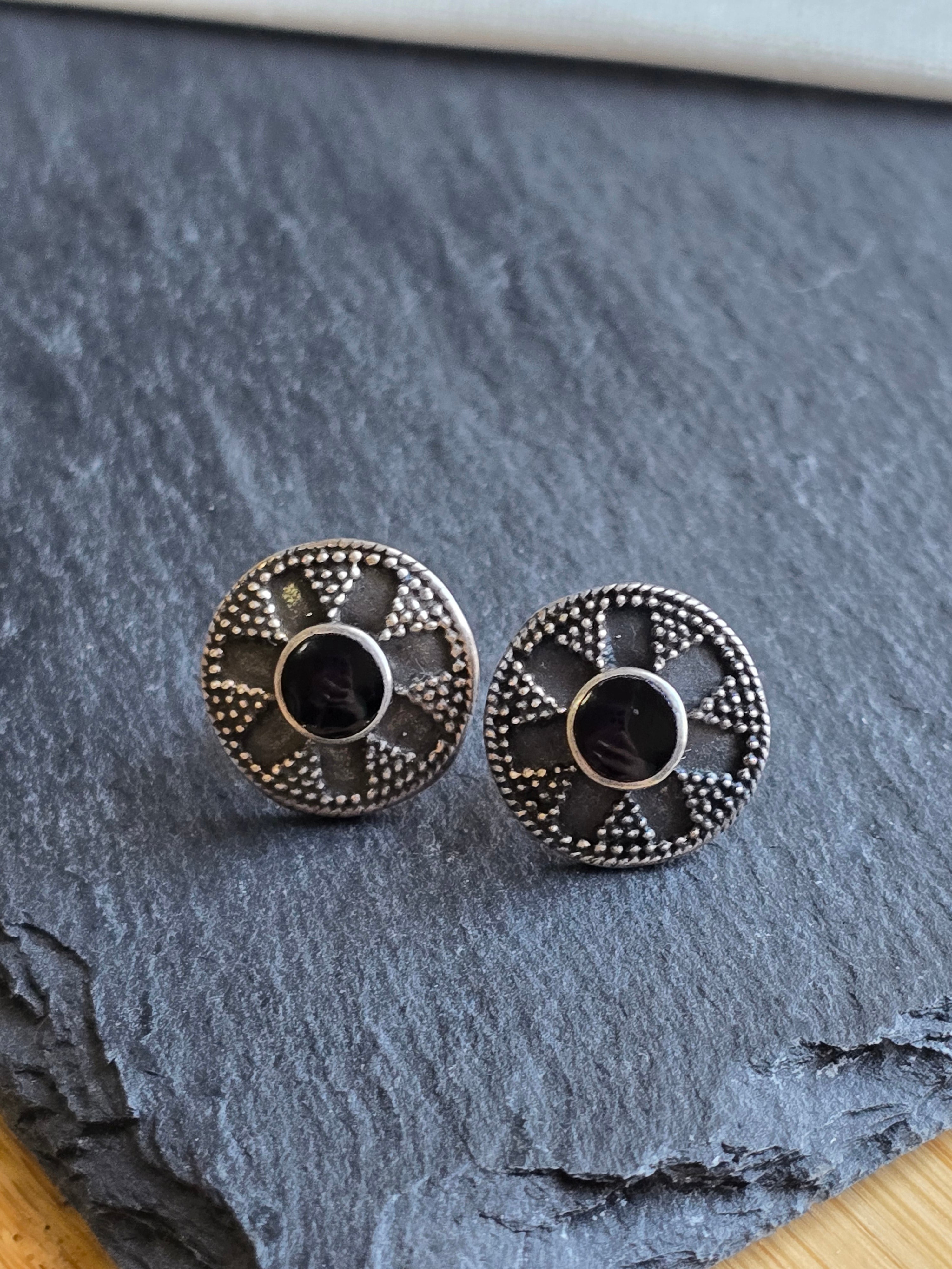 Sterling Silver Black Onyx Oxidised Boho Gemstone Stud Earrings