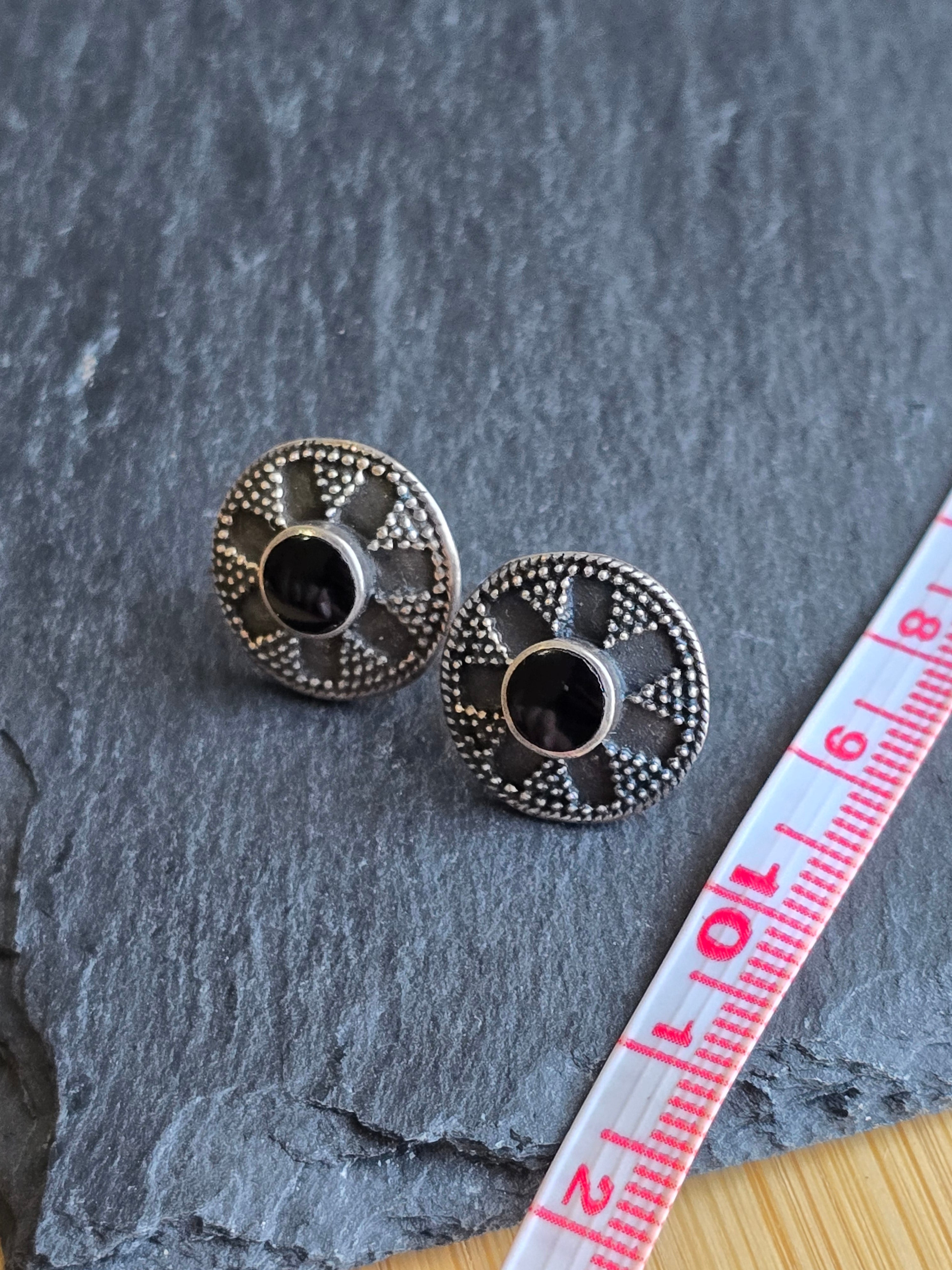 Sterling Silver Black Onyx Oxidised Boho Gemstone Stud Earrings