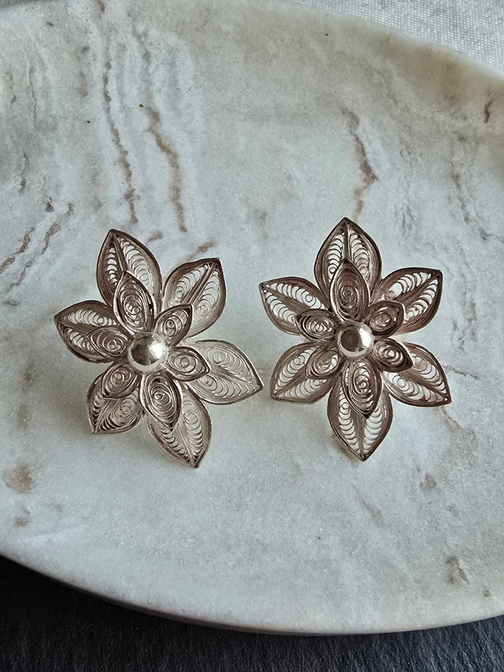 Vintage Silver Filigree Flower Stud Earrings, Boho Jewellery, Nature Inspired Statement Earrings