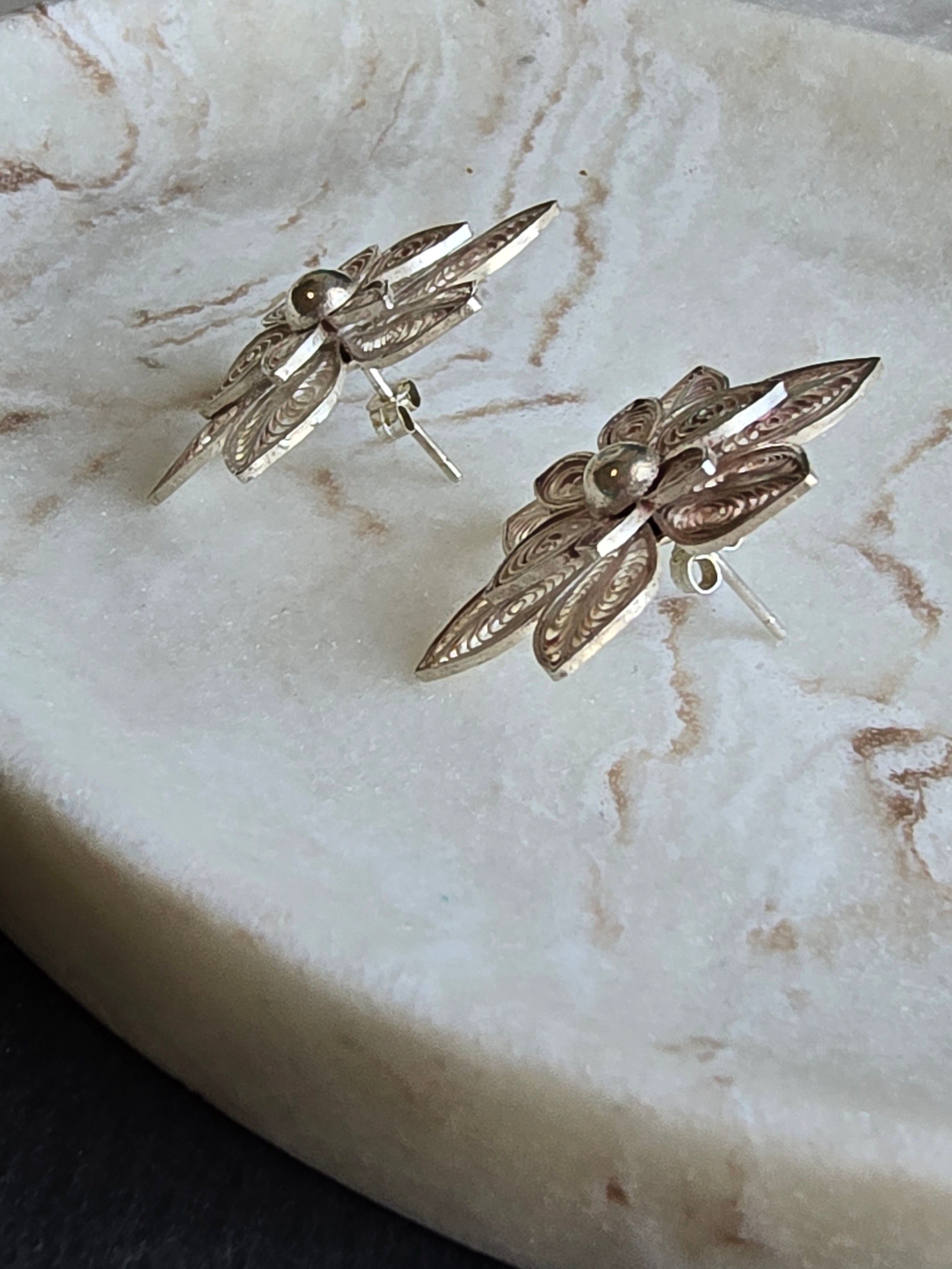 Vintage Silver Filigree Flower Stud Earrings, Boho Jewellery, Nature Inspired Statement Earrings