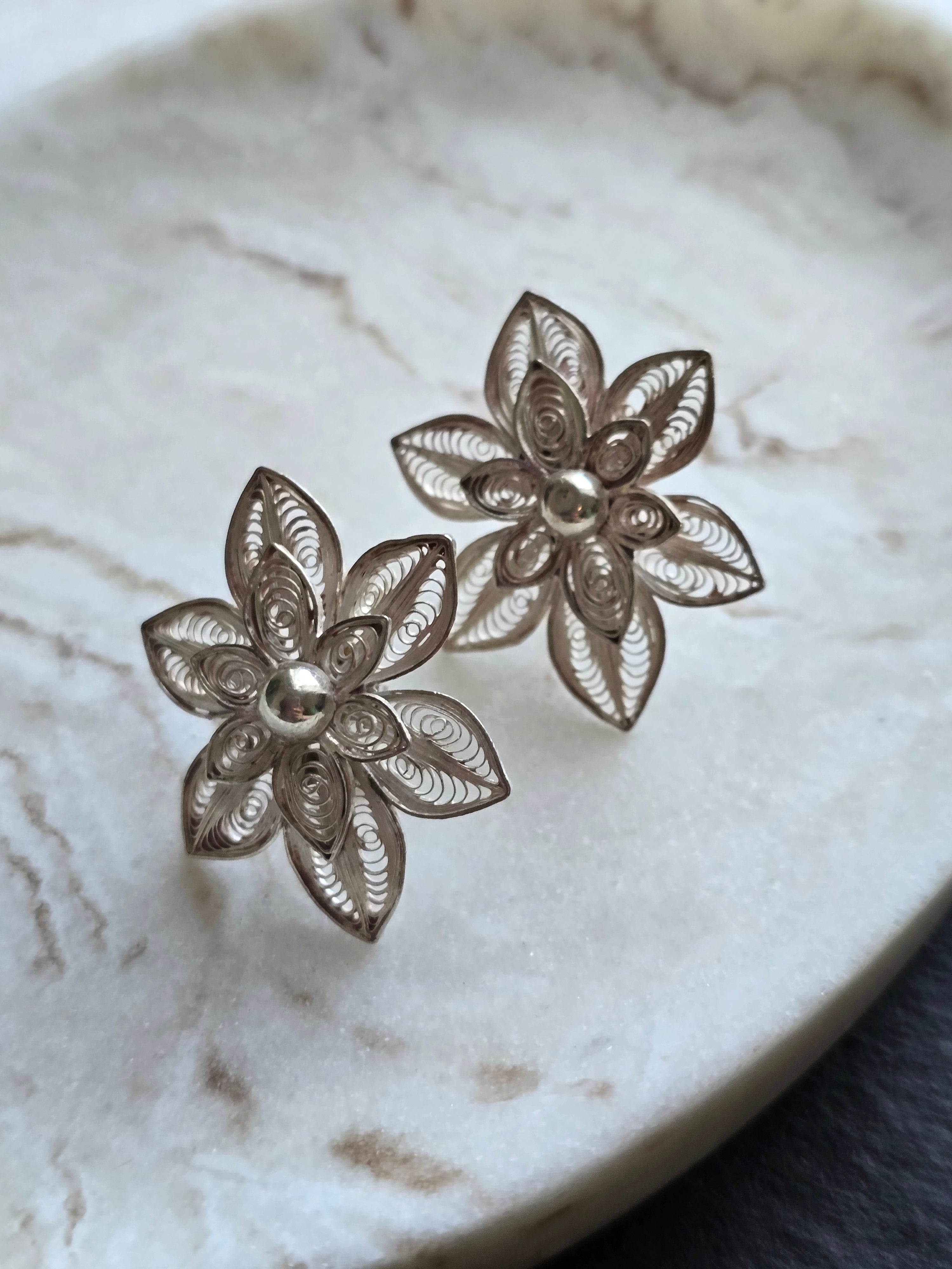 Vintage Silver Filigree Flower Stud Earrings, Boho Jewellery, Nature Inspired Statement Earrings