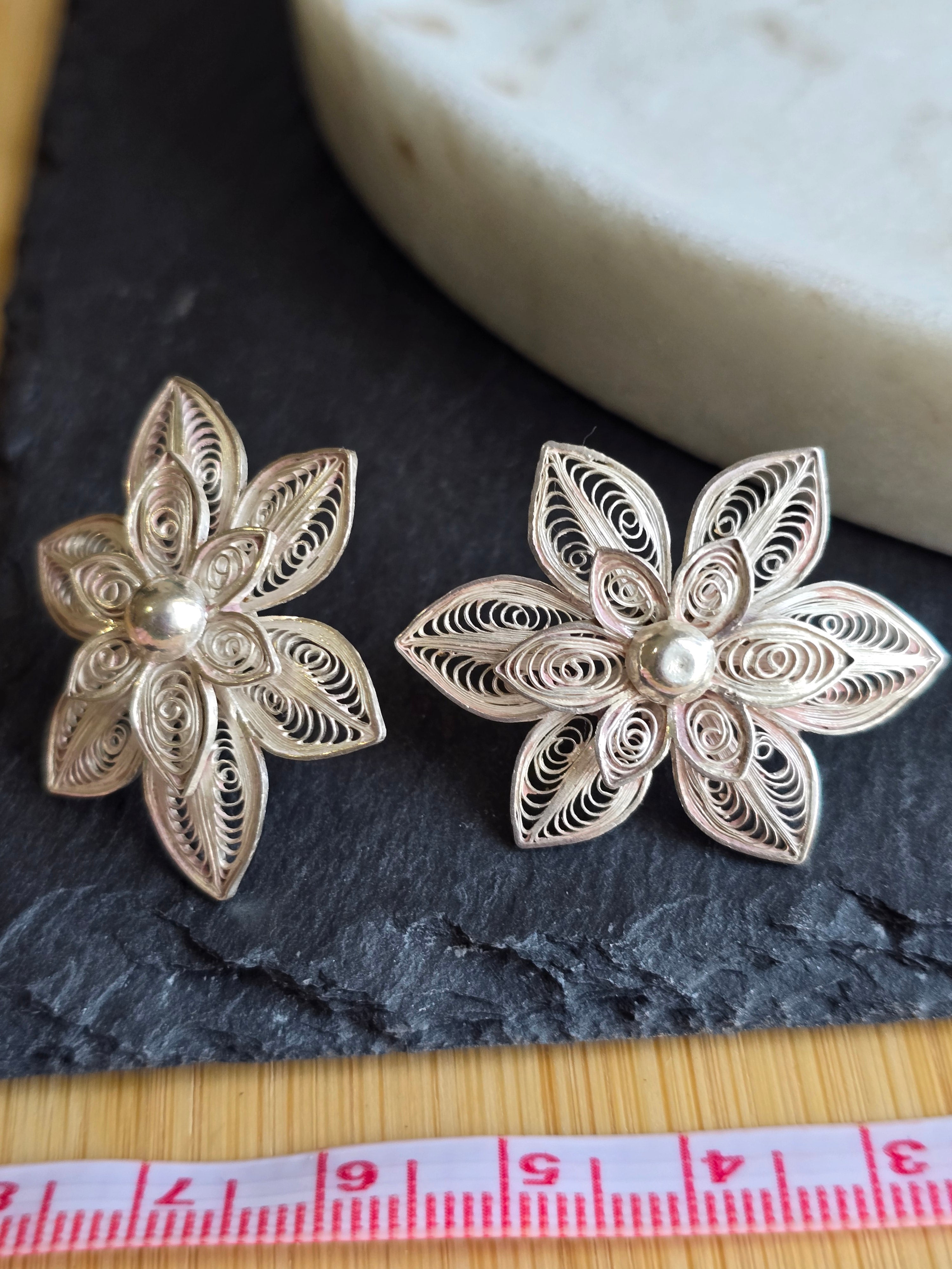 Vintage Silver Filigree Flower Stud Earrings, Boho Jewellery, Nature Inspired Statement Earrings