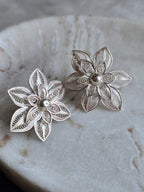 Vintage Silver Filigree Flower Stud Earrings, Boho Jewellery, Nature Inspired Statement Earrings