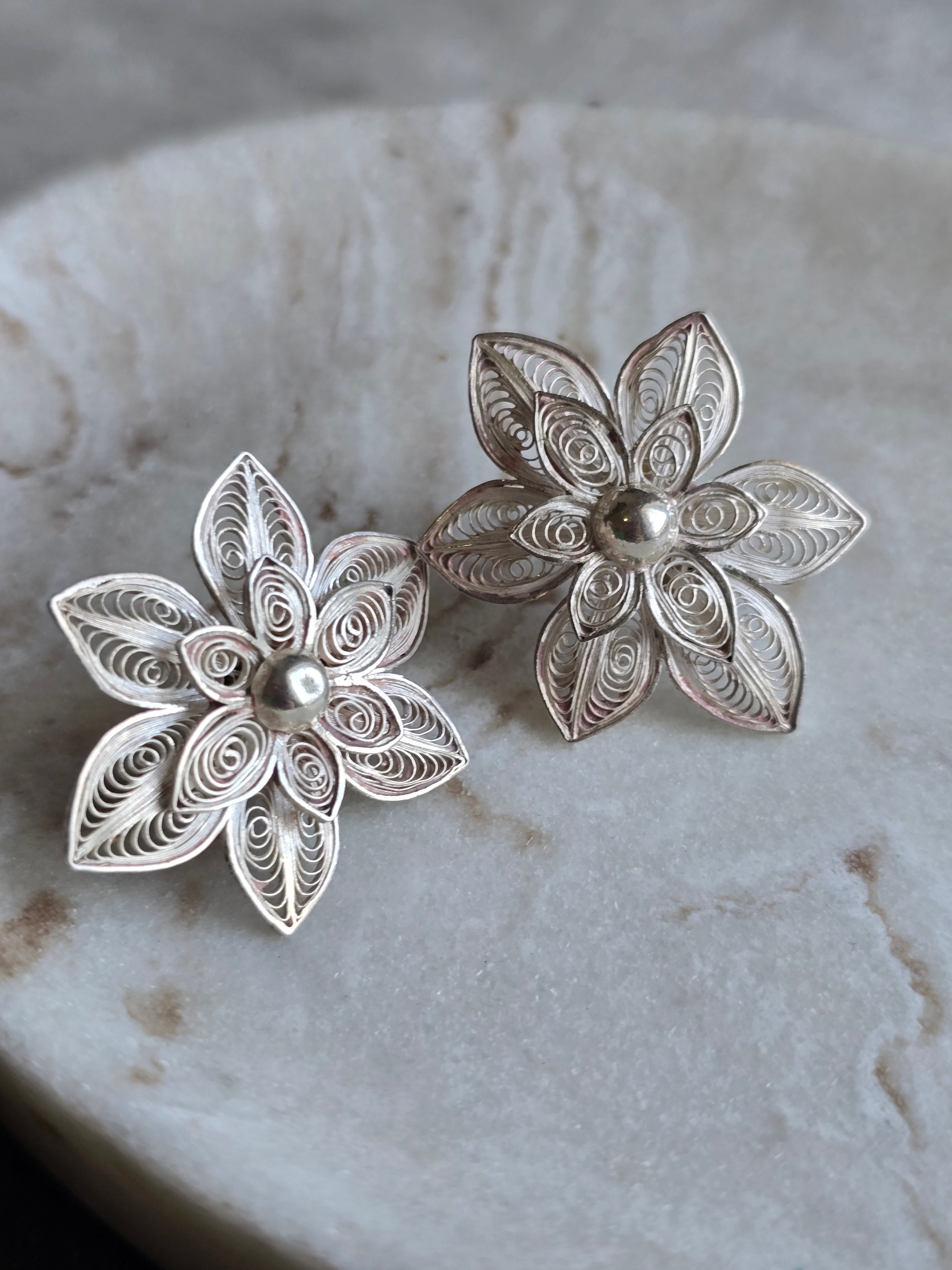 Vintage Silver Filigree Flower Stud Earrings, Boho Jewellery, Nature Inspired Statement Earrings