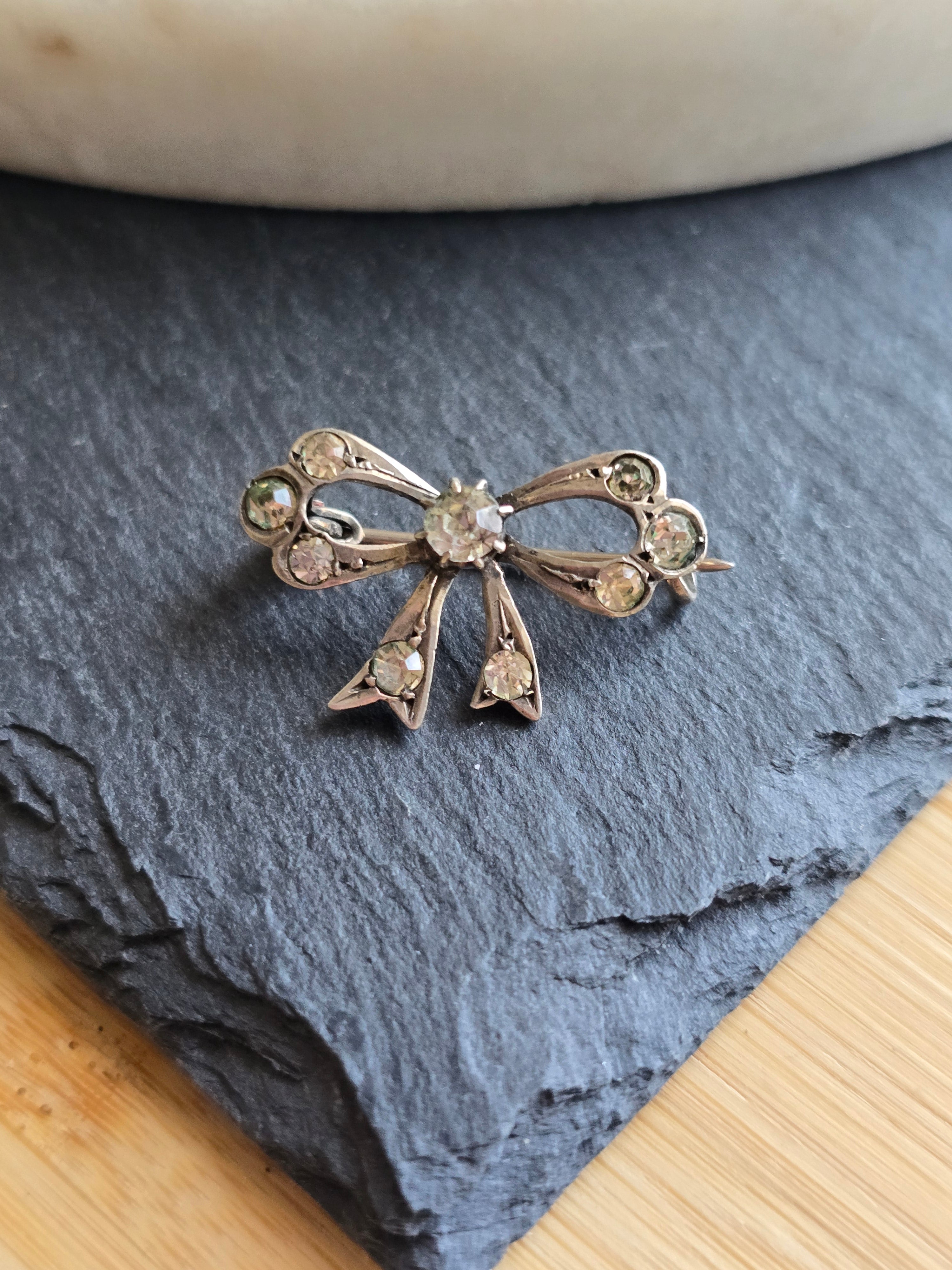 Sterling Silver Delicate Dainty Bow Paste Brooch, Pin, Lapel, Antique Elegance Jewellery