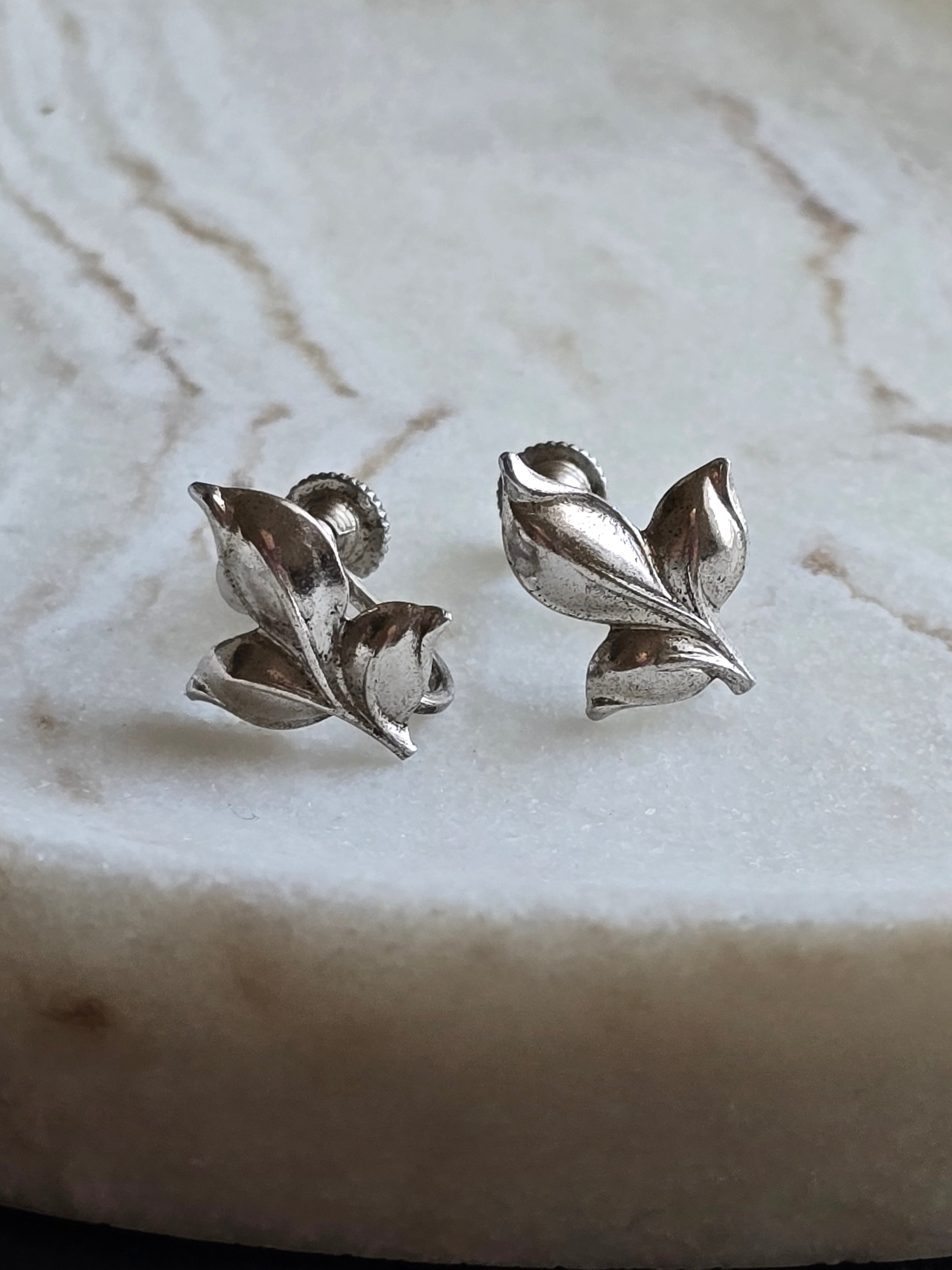 Vintage Bond Boyd Sterling Silver leaf Earrings, Mid-century Modern Screw Backs, Modernist Designer Earrings