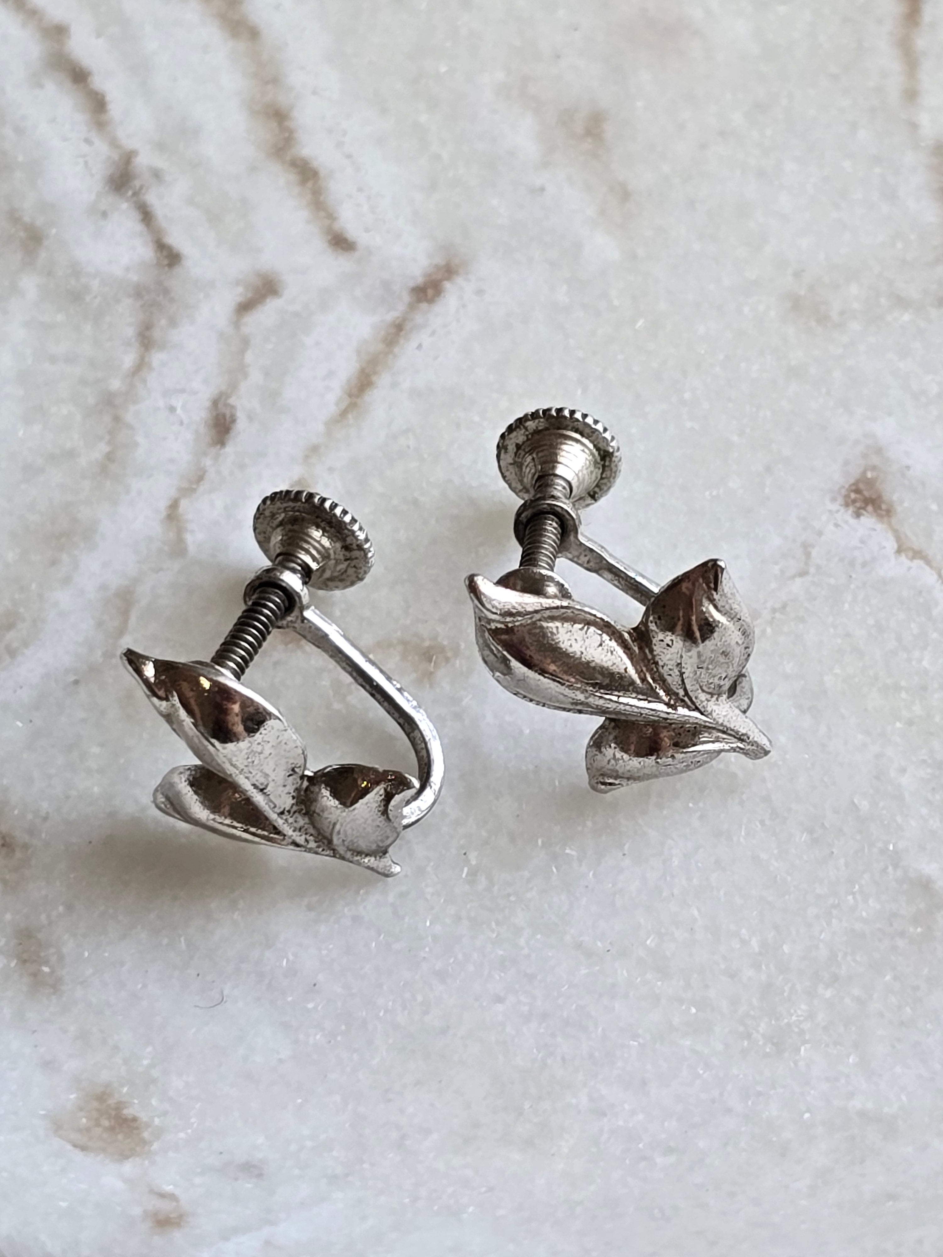 Vintage Bond Boyd Sterling Silver leaf Earrings, Mid-century Modern Screw Backs, Modernist Designer Earrings