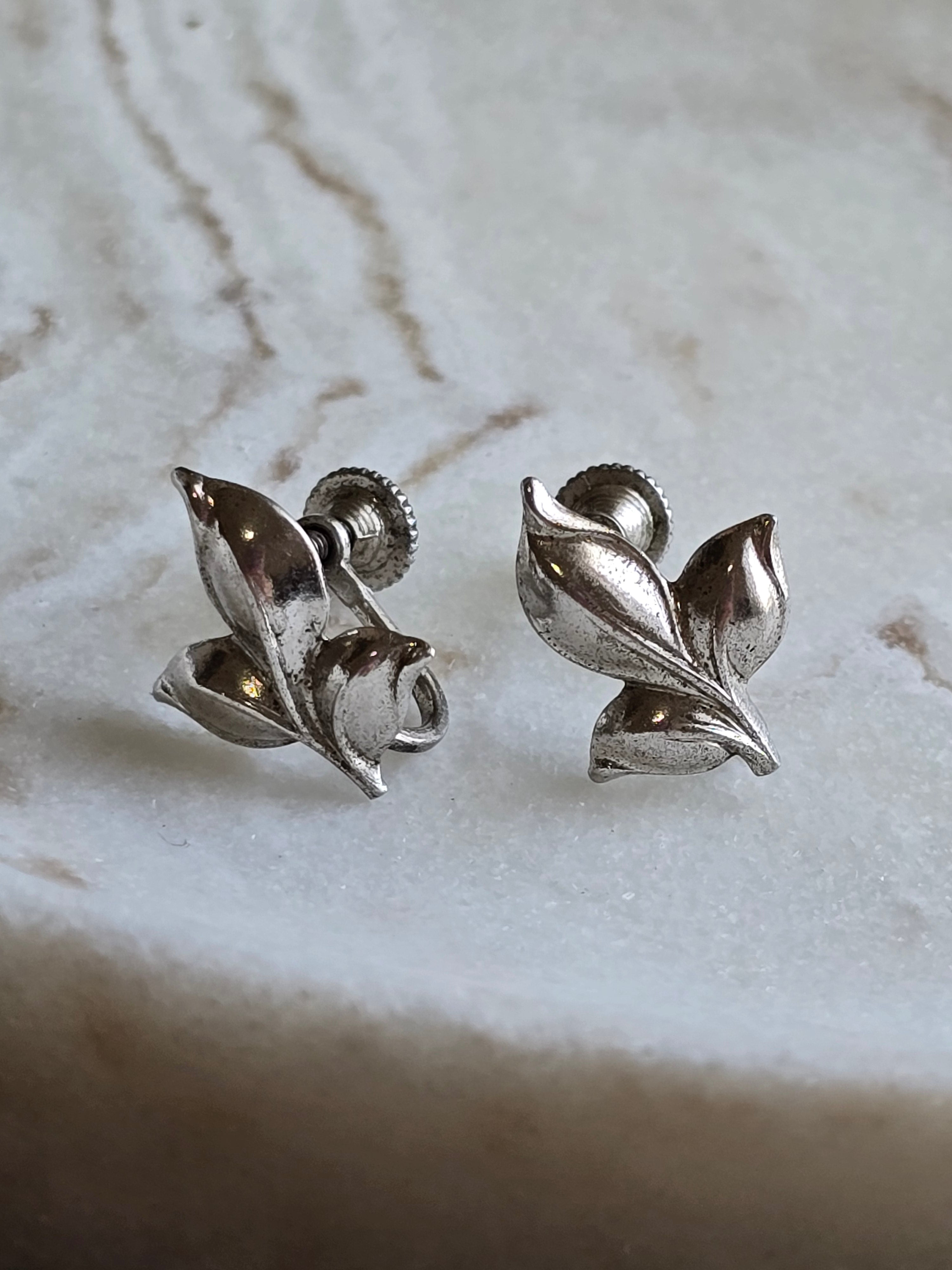 Vintage Bond Boyd Sterling Silver leaf Earrings, Mid-century Modern Screw Backs, Modernist Designer Earrings