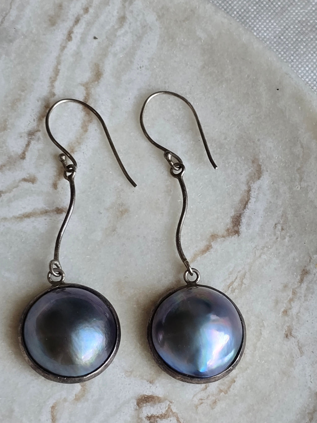 Vintage Mabe Peacock Blue Pearl Sterling Silver Drop Dangle Earrings, Classic Minimalist Earrings,