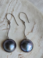 Vintage Mabe Peacock Blue Pearl Sterling Silver Drop Dangle Earrings, Classic Minimalist Earrings,