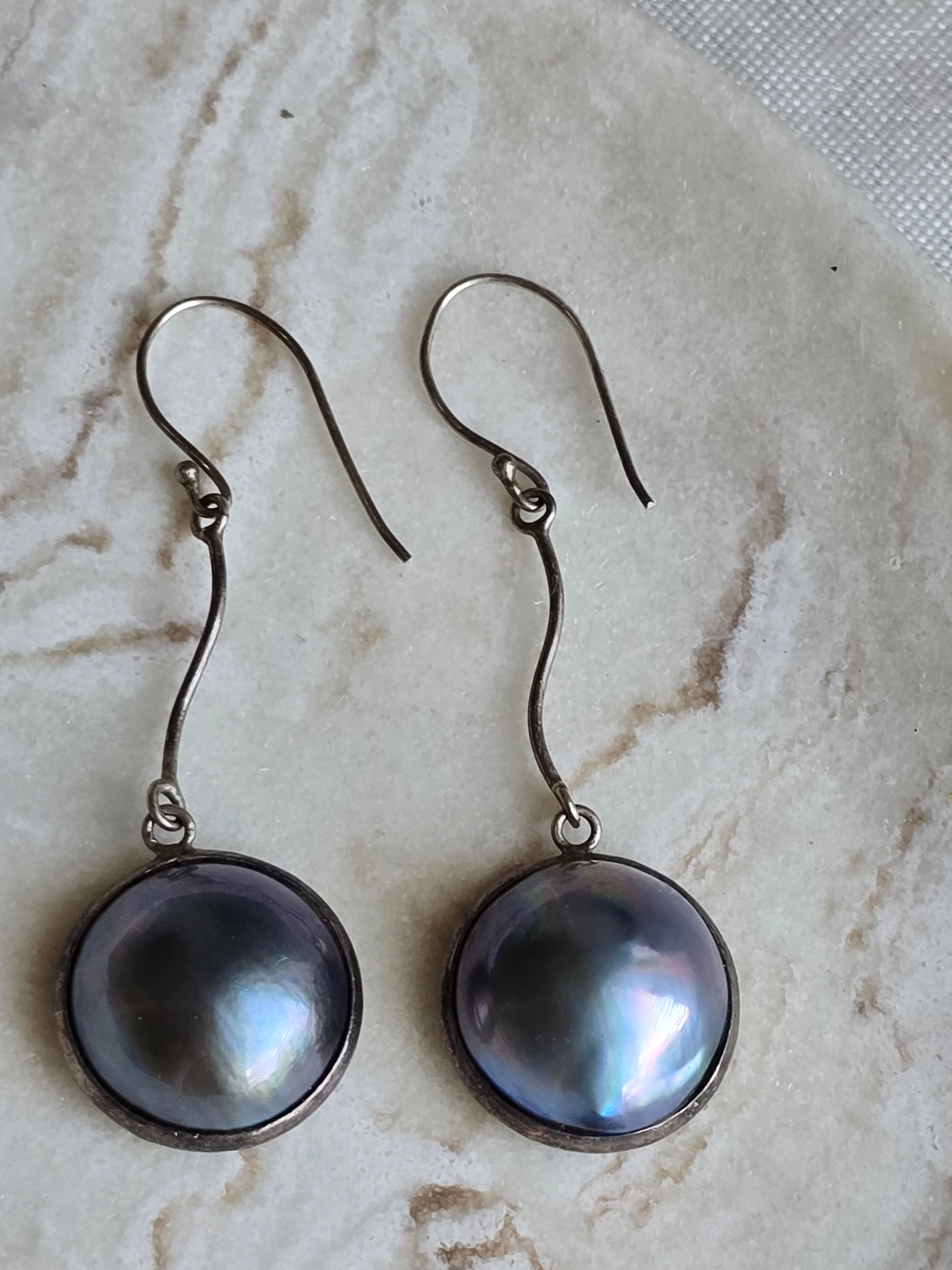 Vintage Mabe Peacock Blue Pearl Sterling Silver Drop Dangle Earrings, Classic Minimalist Earrings,