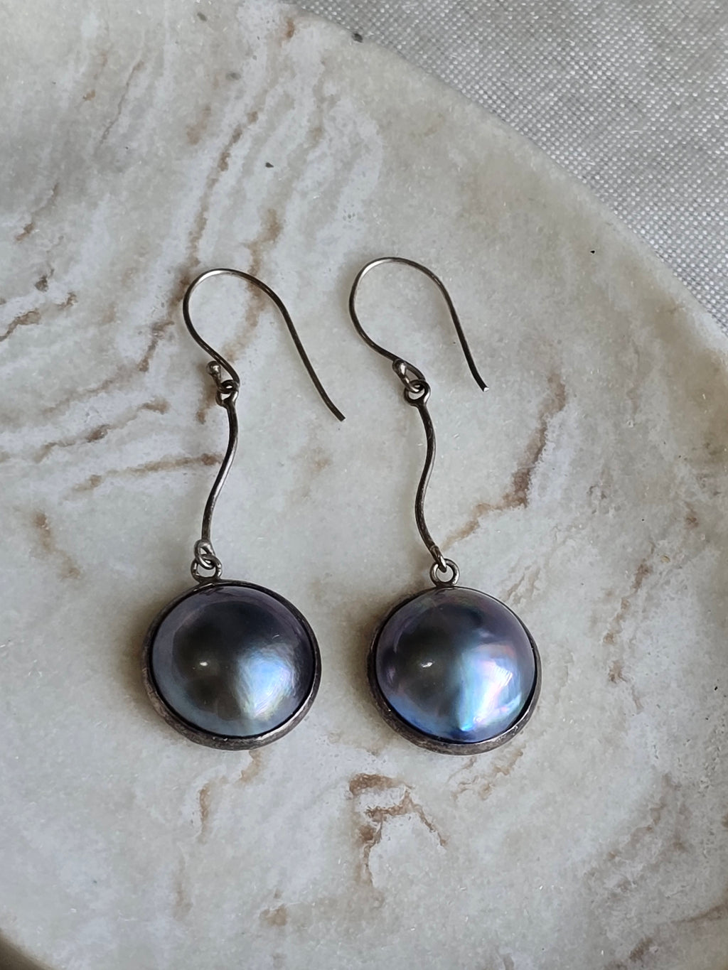 Vintage Mabe Peacock Blue Pearl Sterling Silver Drop Dangle Earrings, Classic Minimalist Earrings,