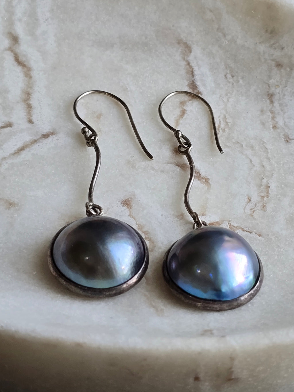 Vintage Mabe Peacock Blue Pearl Sterling Silver Drop Dangle Earrings, Classic Minimalist Earrings,