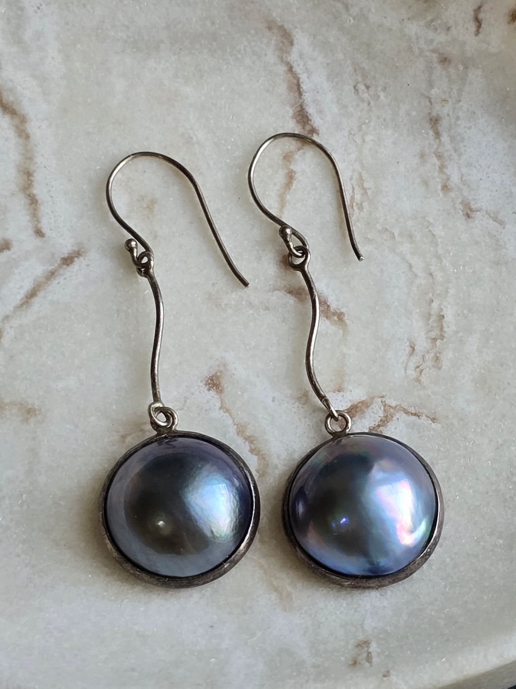 Vintage Mabe Peacock Blue Pearl Sterling Silver Drop Dangle Earrings, Classic Minimalist Earrings,