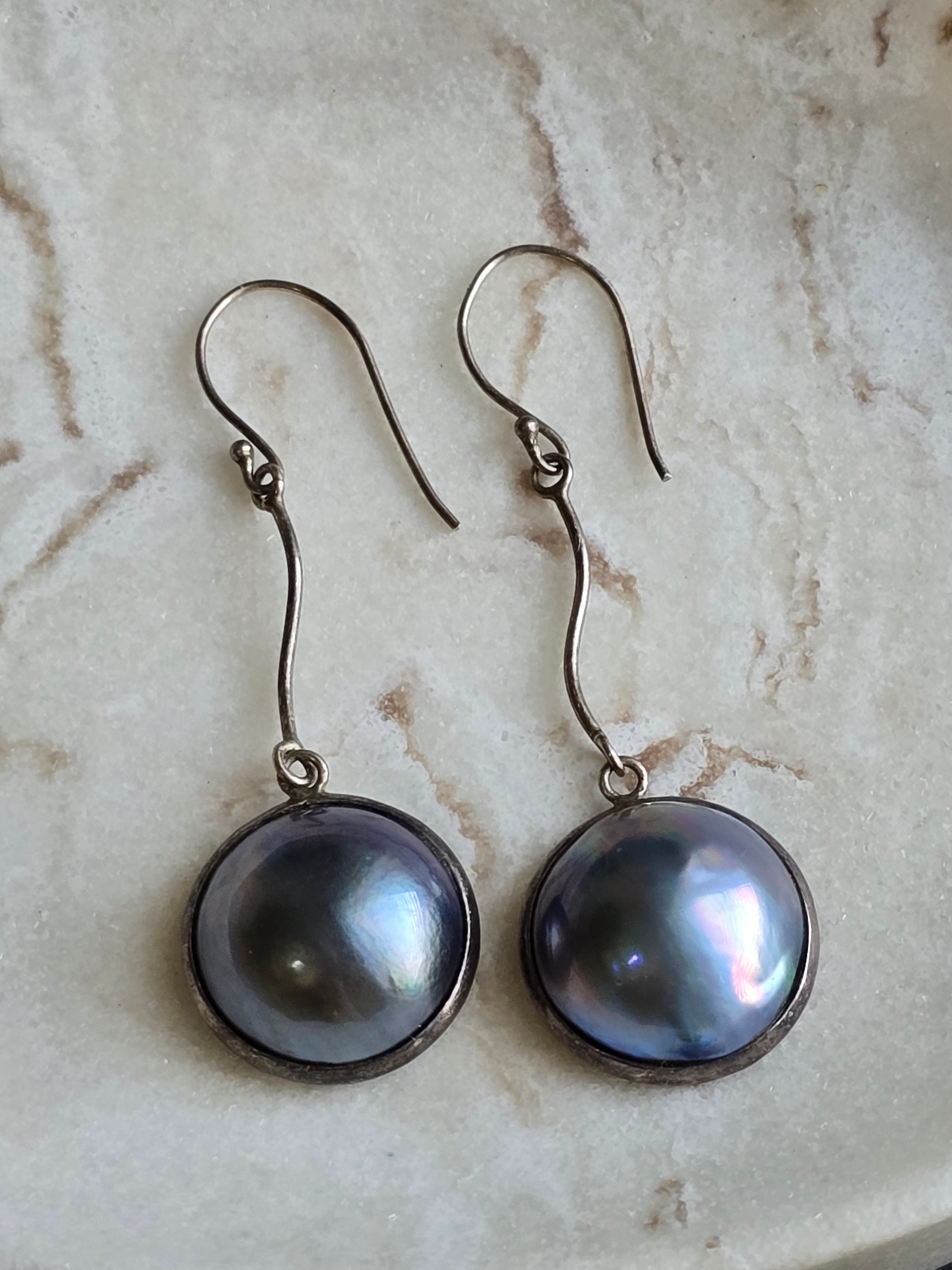 Vintage Mabe Peacock Blue Pearl Sterling Silver Drop Dangle Earrings, Classic Minimalist Earrings,