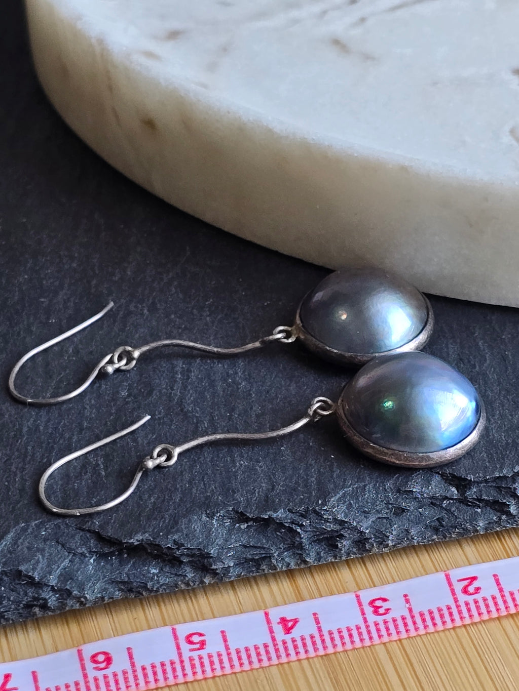 Vintage Mabe Peacock Blue Pearl Sterling Silver Drop Dangle Earrings, Classic Minimalist Earrings,
