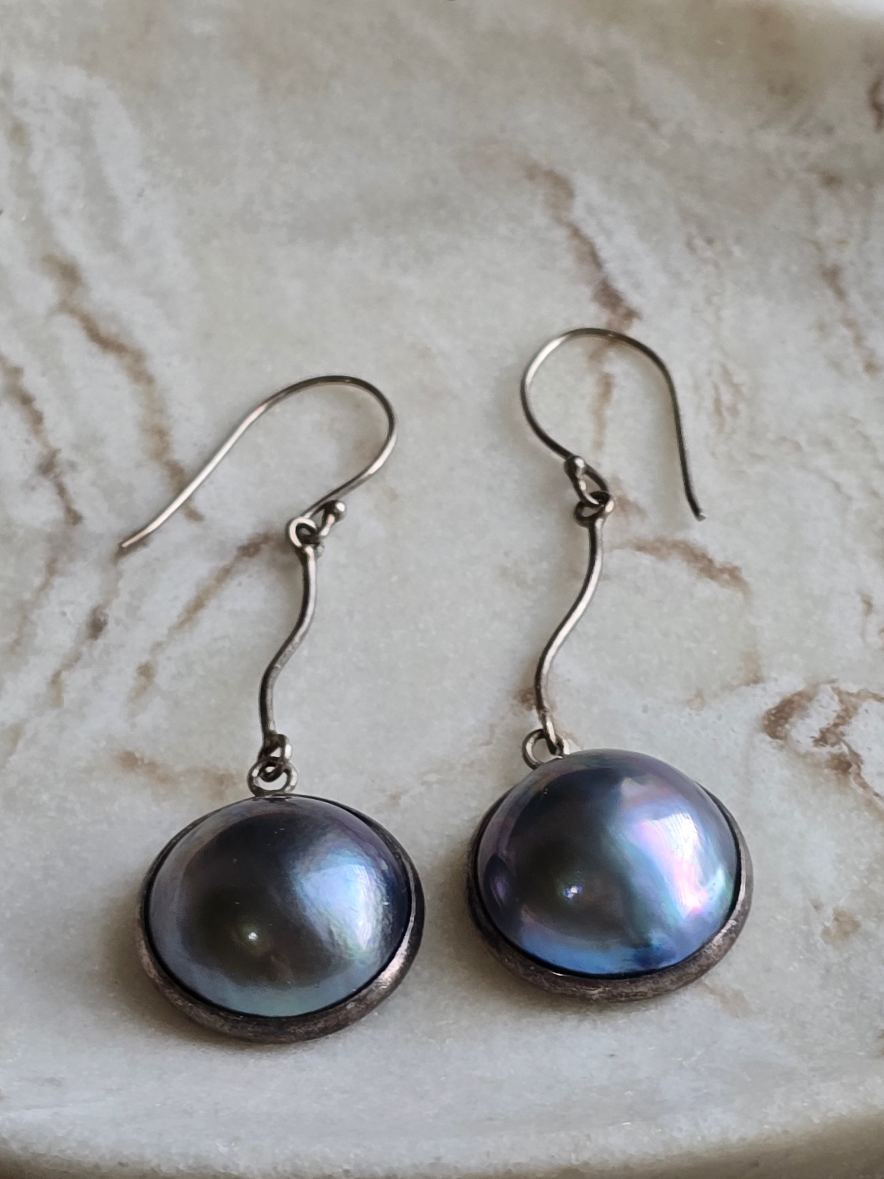 Vintage Mabe Peacock Blue Pearl Sterling Silver Drop Dangle Earrings, Classic Minimalist Earrings,
