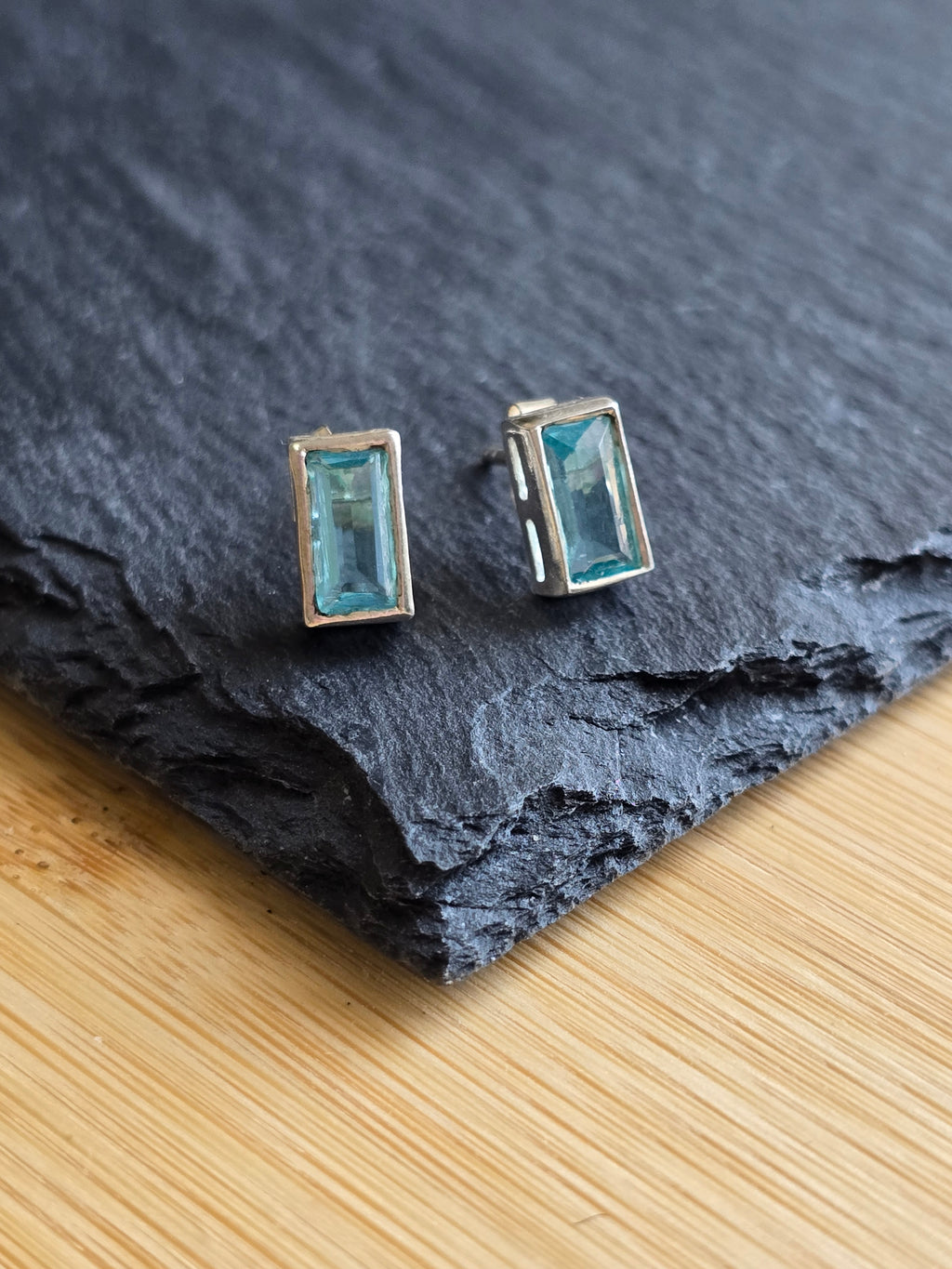 Sterling Silver Baguette Cut Blue Stud Earrings
