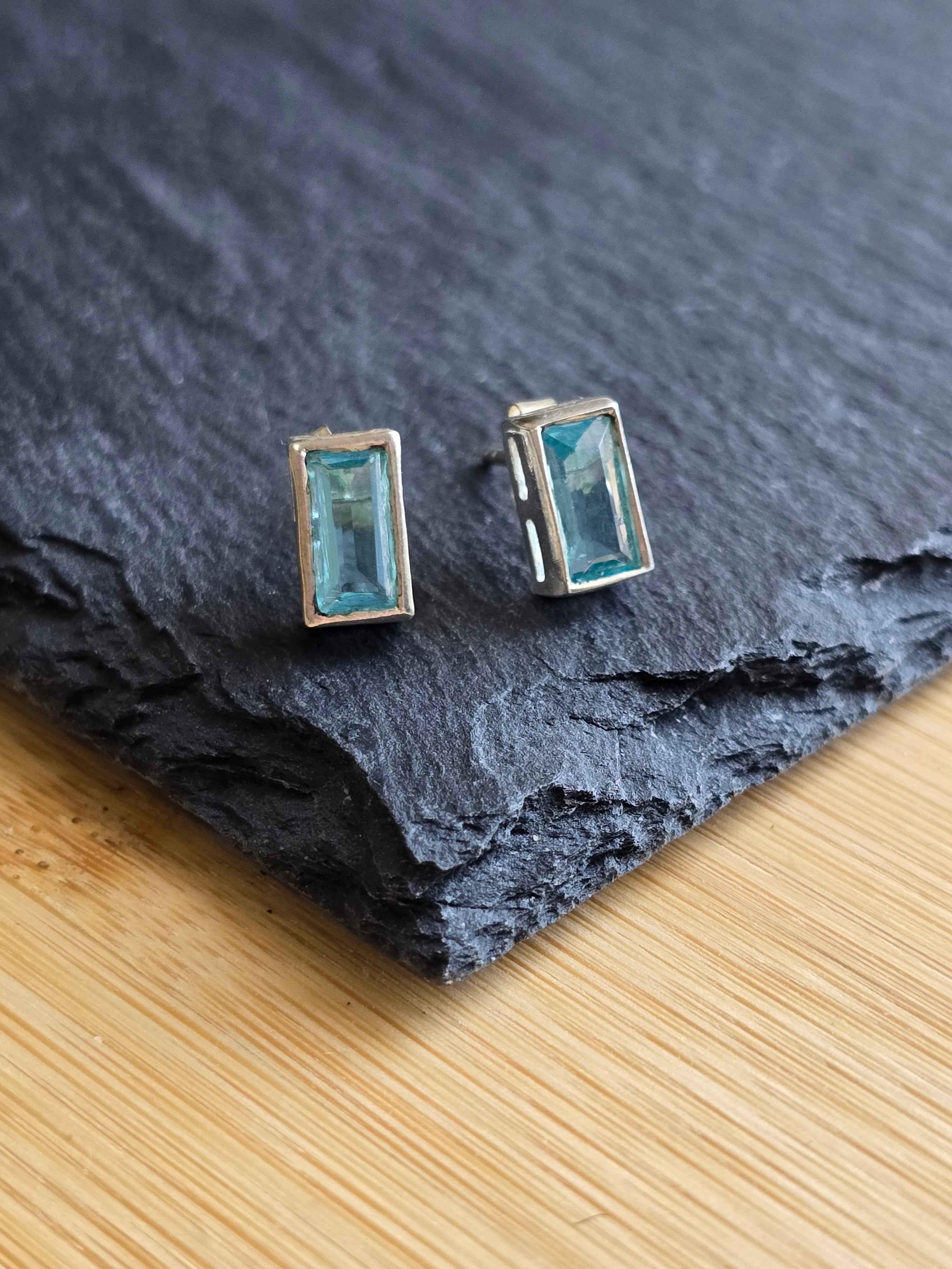 Sterling Silver Baguette Cut Blue Stud Earrings