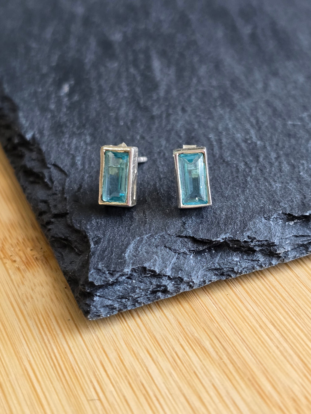 Sterling Silver Baguette Cut Blue Stud Earrings