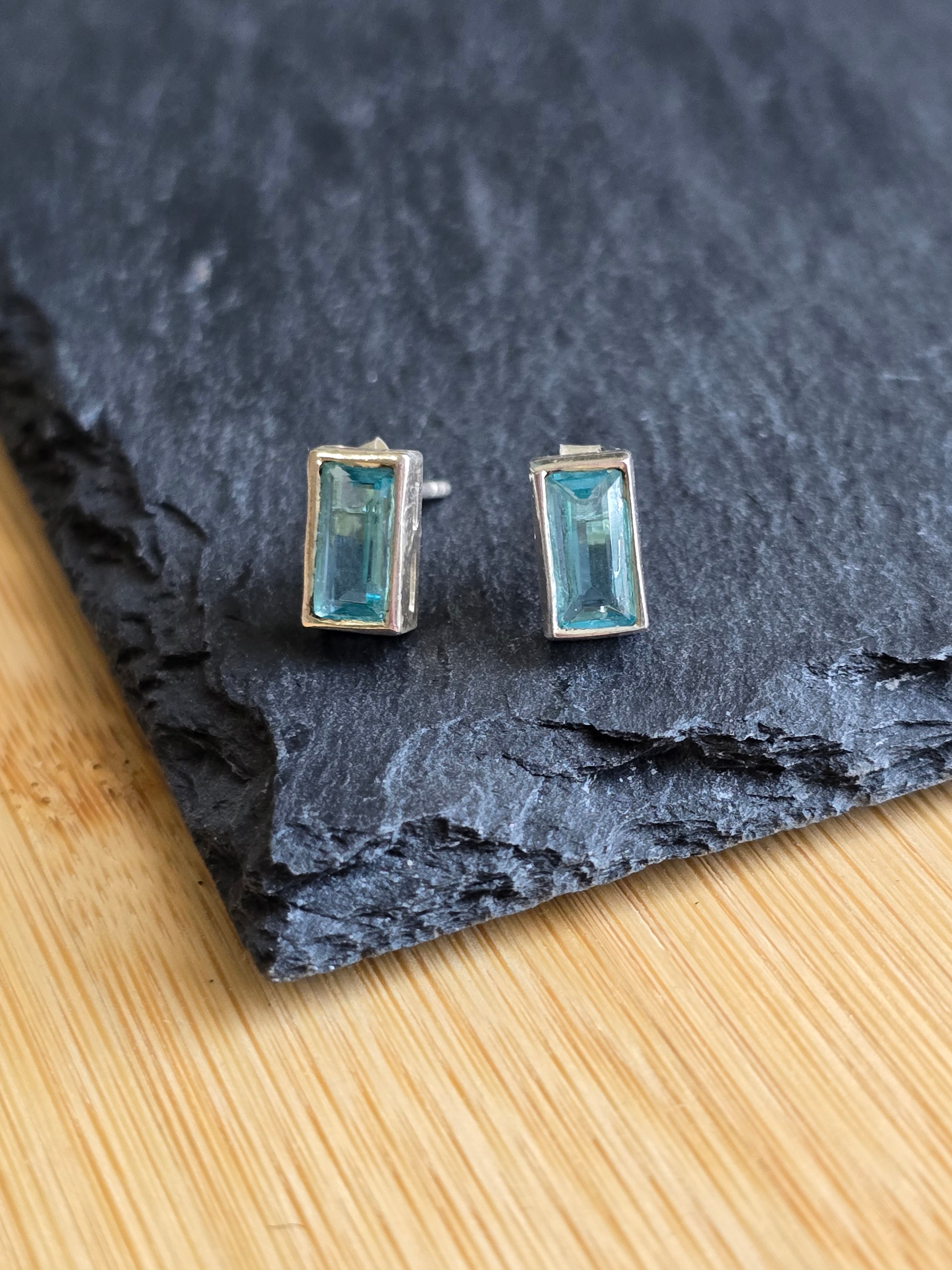 Sterling Silver Baguette Cut Blue Stud Earrings