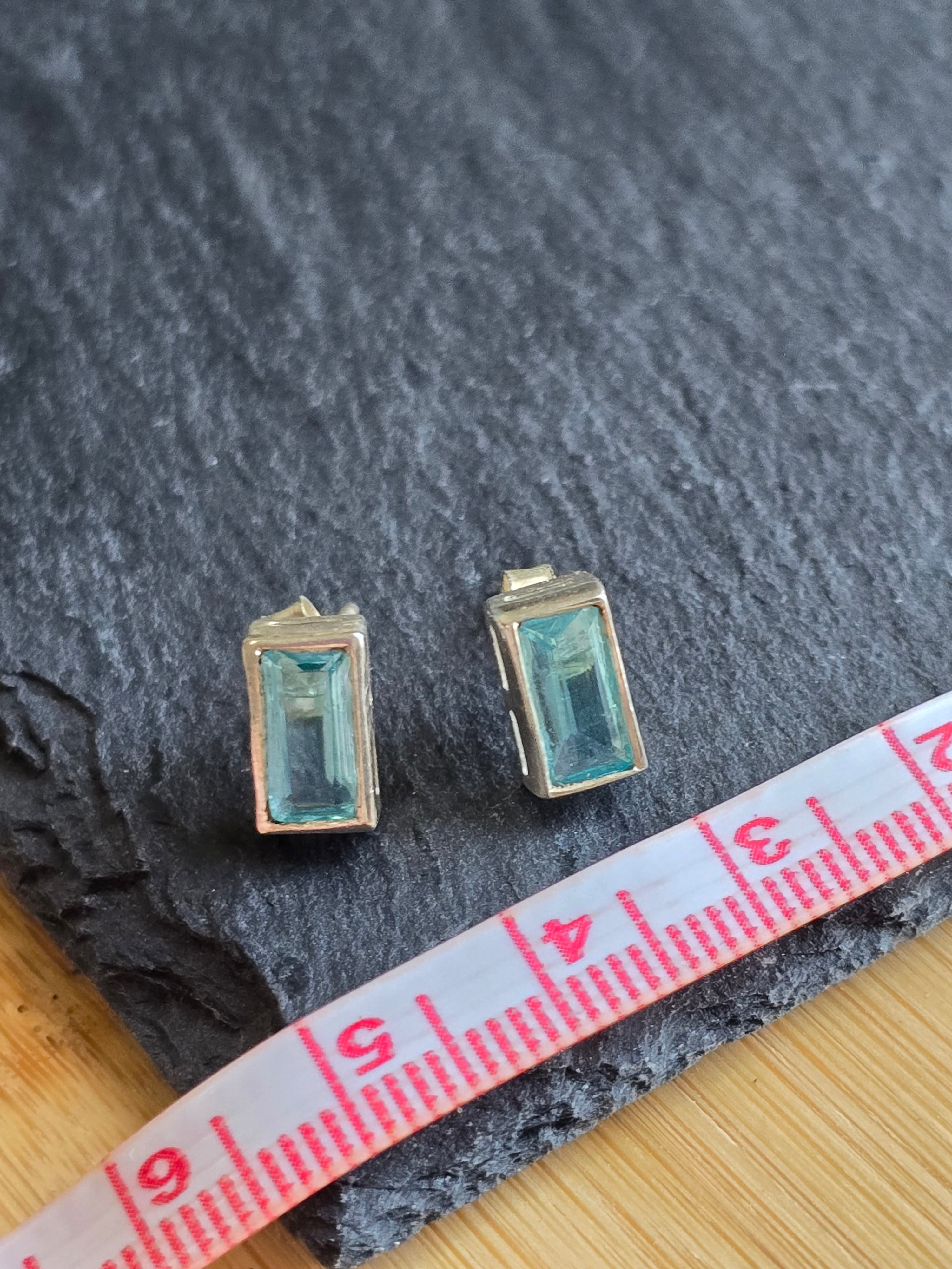 Sterling Silver Baguette Cut Blue Stud Earrings