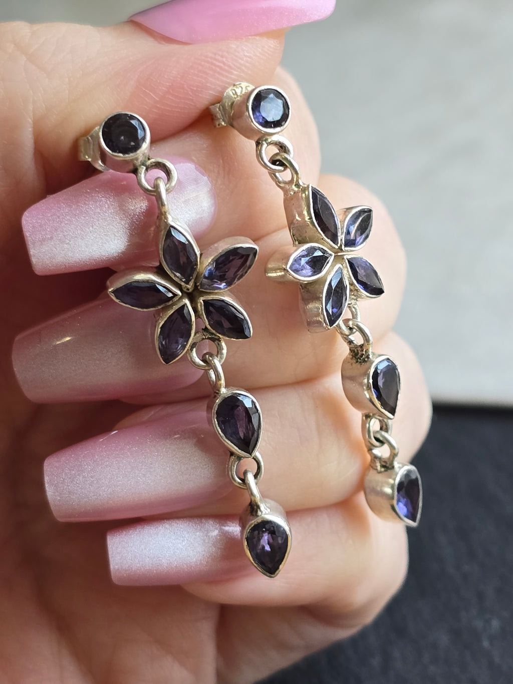 Tanzanite Gemstone Sterling Silver Flower Dangle Earrings