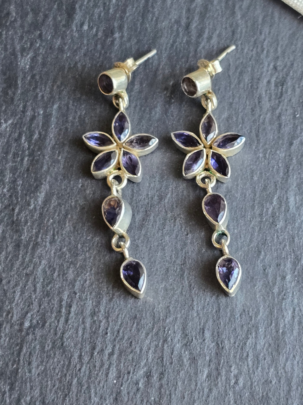 Tanzanite Gemstone Sterling Silver Flower Dangle Earrings