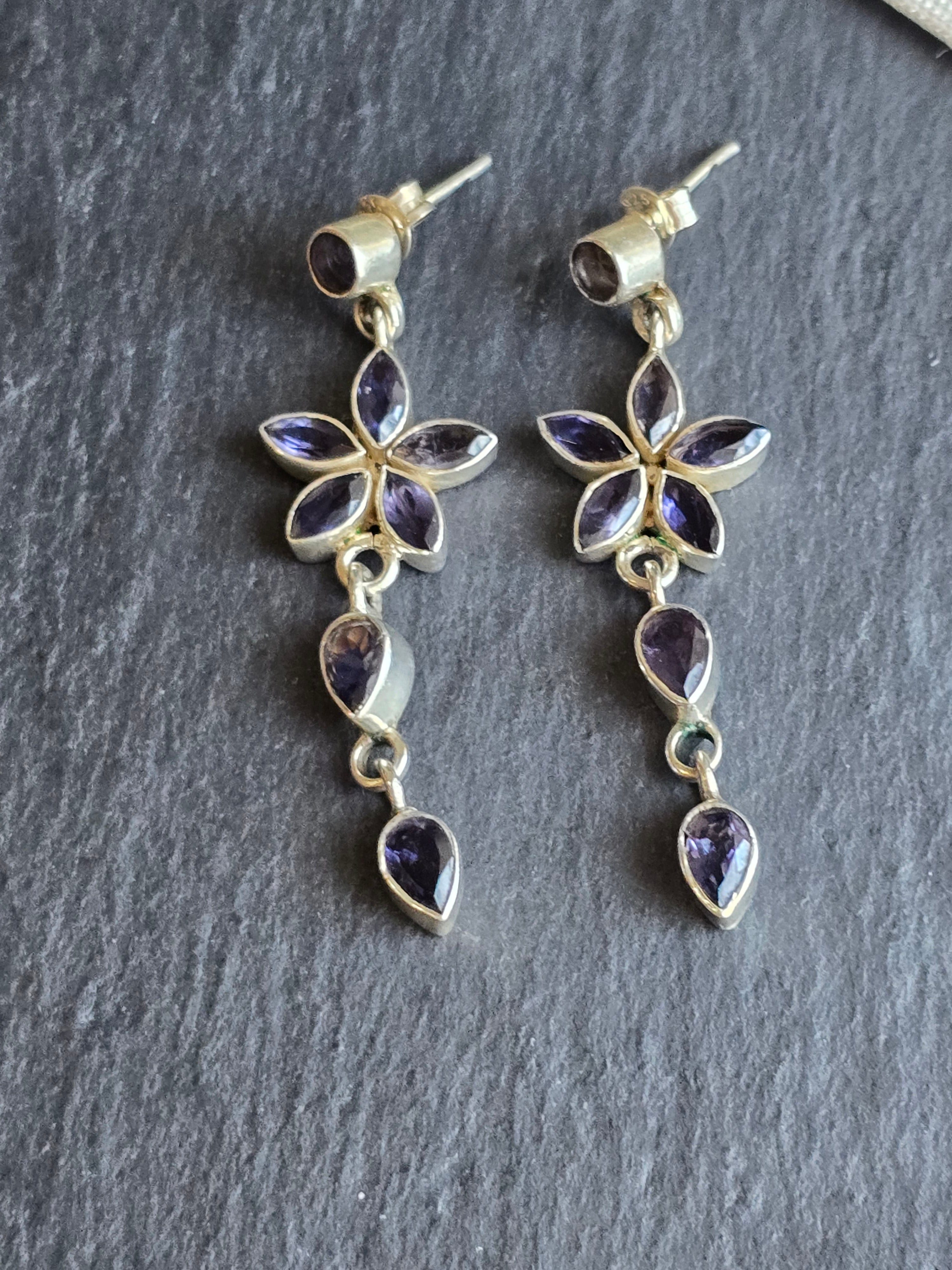 Tanzanite Gemstone Sterling Silver Flower Dangle Earrings