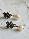 Marcasite Genuine Pearl Drop Sterling Silver Earrings