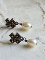 Marcasite Genuine Pearl Drop Sterling Silver Earrings