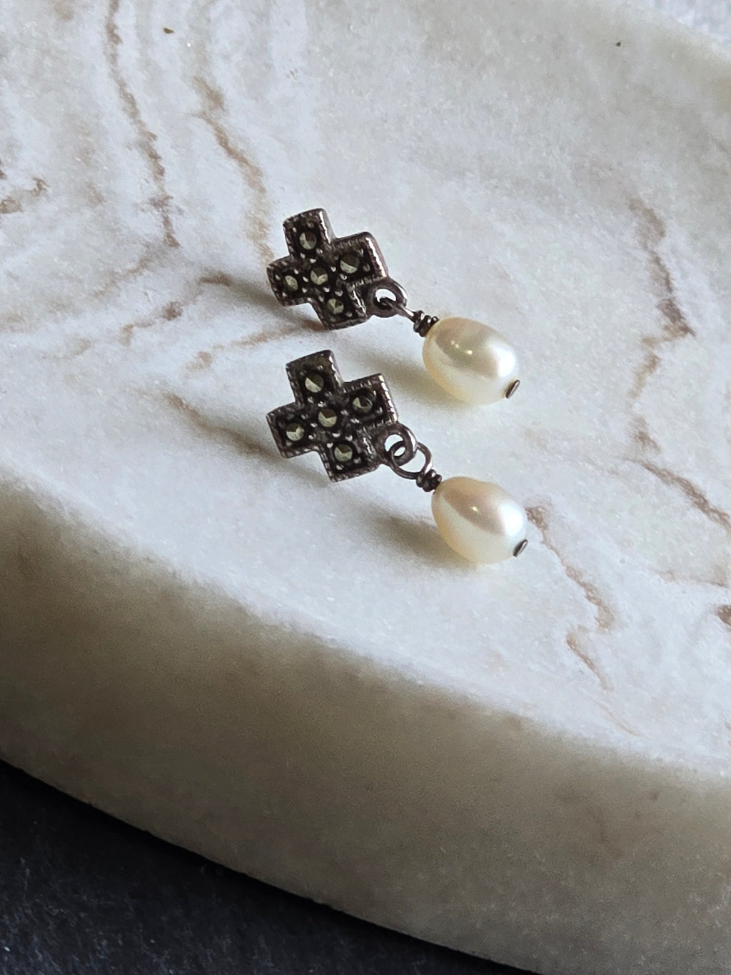 Marcasite Genuine Pearl Drop Sterling Silver Earrings