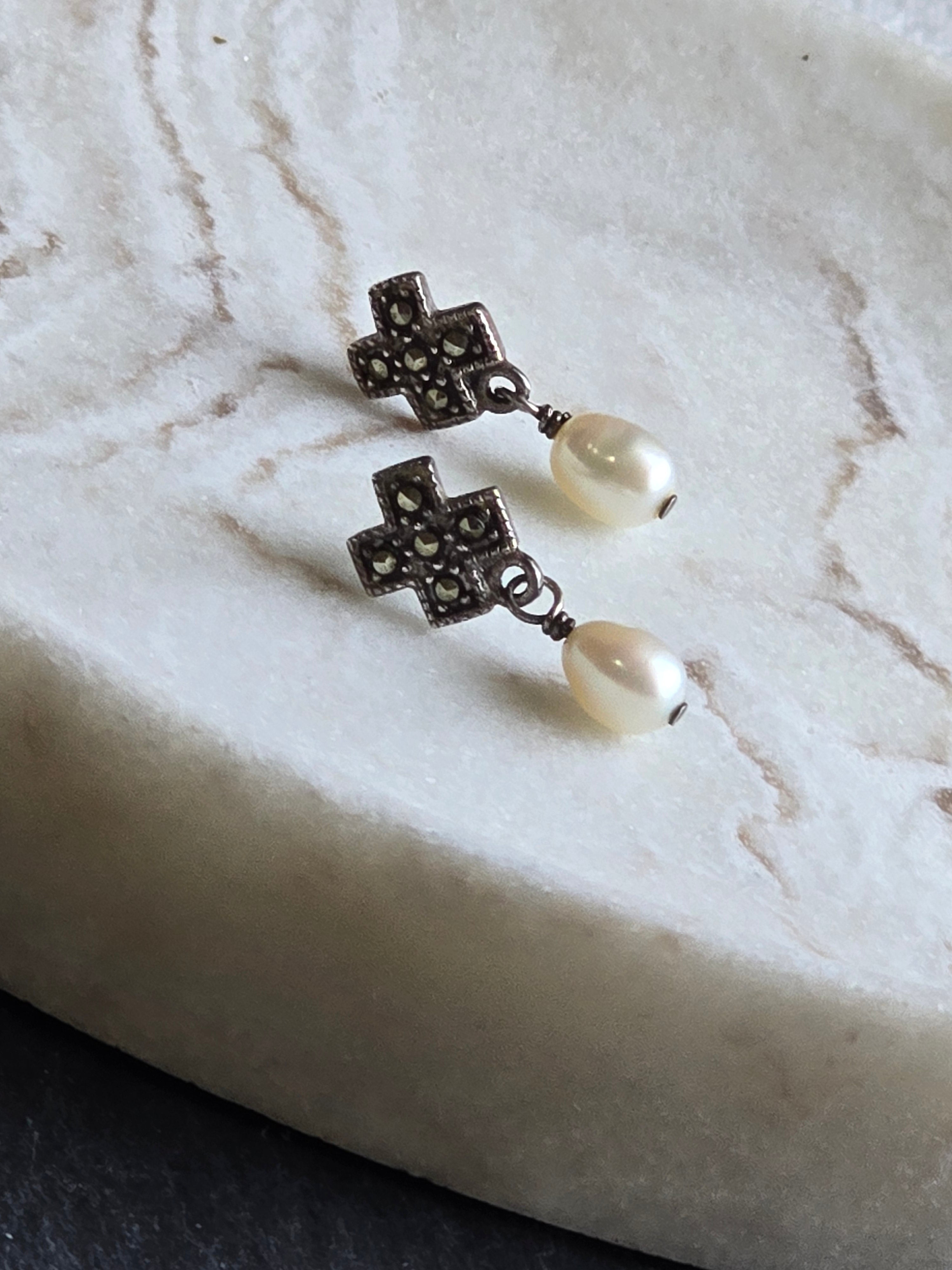 Marcasite Genuine Pearl Drop Sterling Silver Earrings