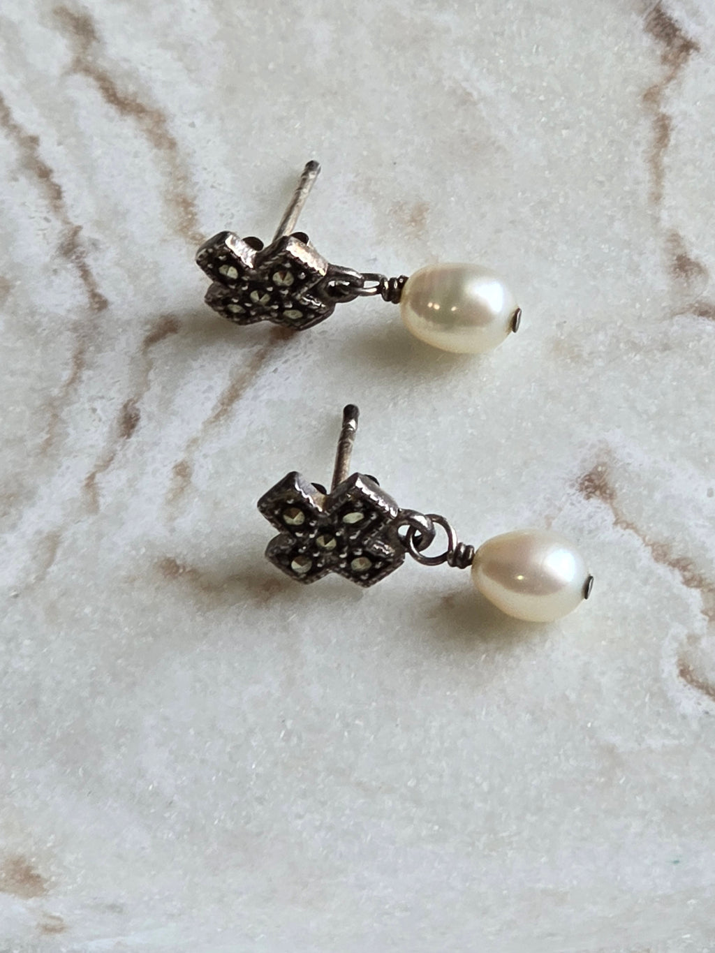 Marcasite Genuine Pearl Drop Sterling Silver Earrings