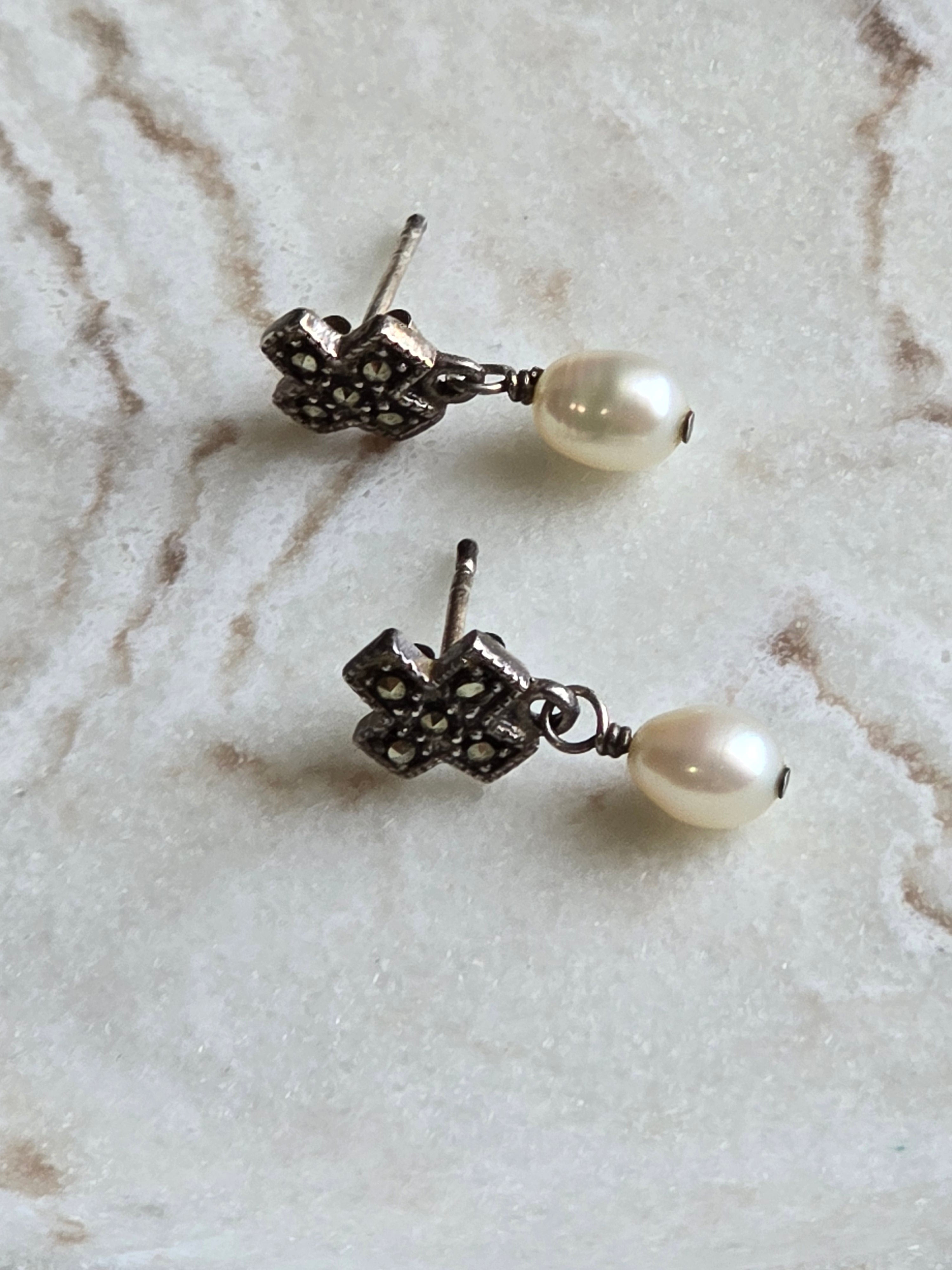 Marcasite Genuine Pearl Drop Sterling Silver Earrings