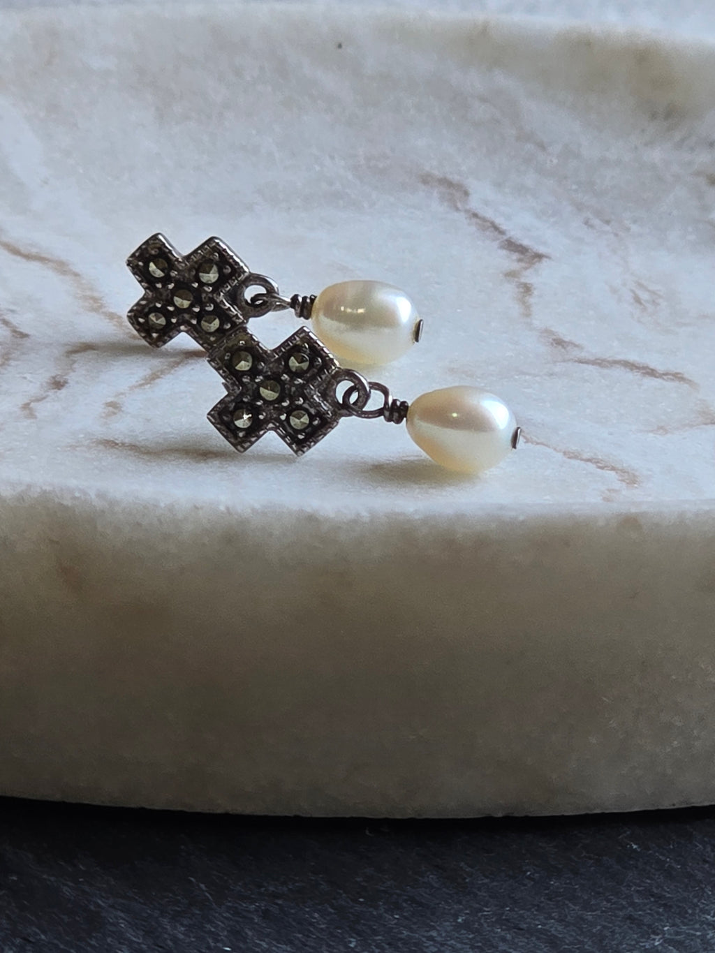 Marcasite Genuine Pearl Drop Sterling Silver Earrings