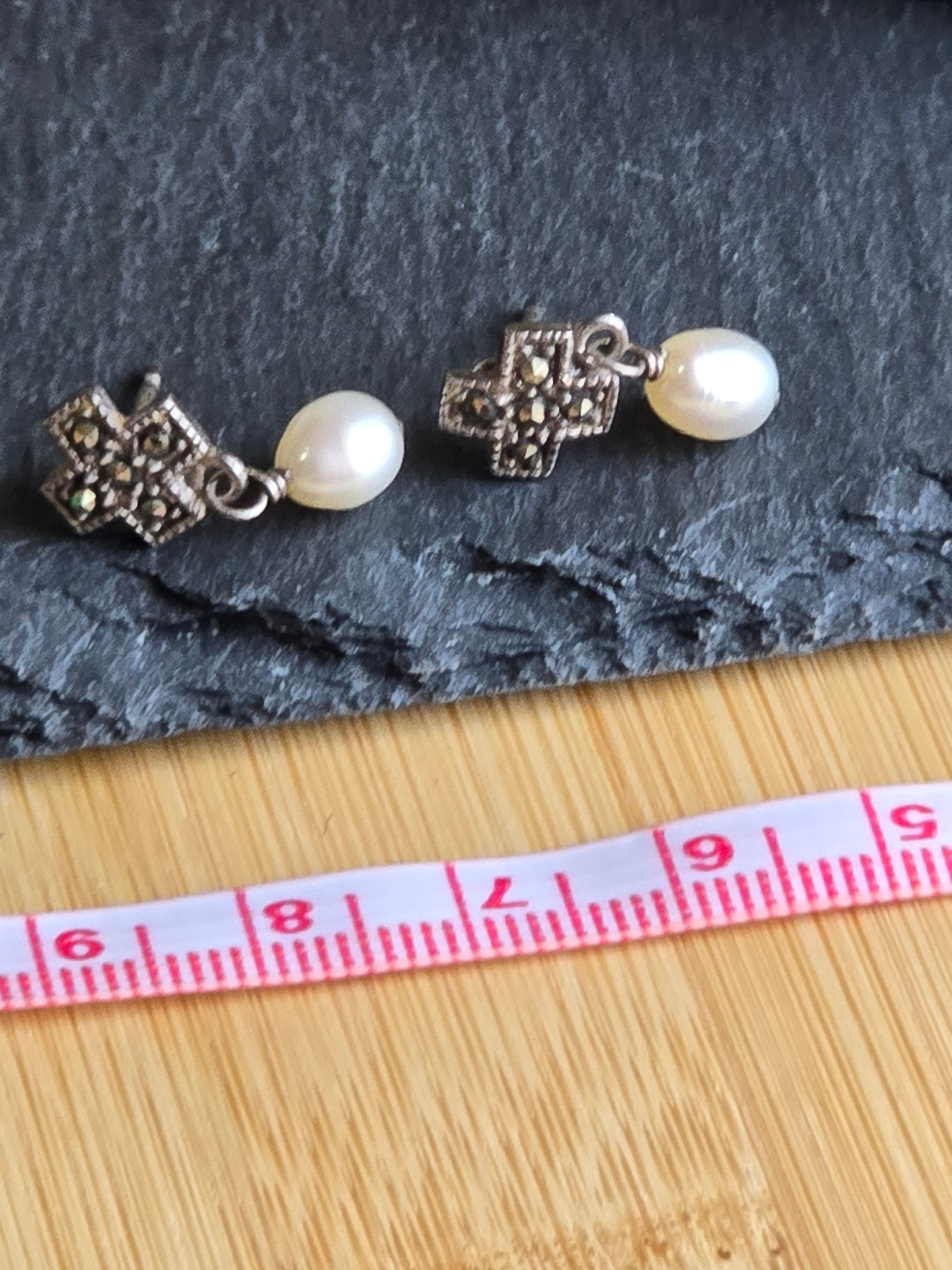 Marcasite Genuine Pearl Drop Sterling Silver Earrings