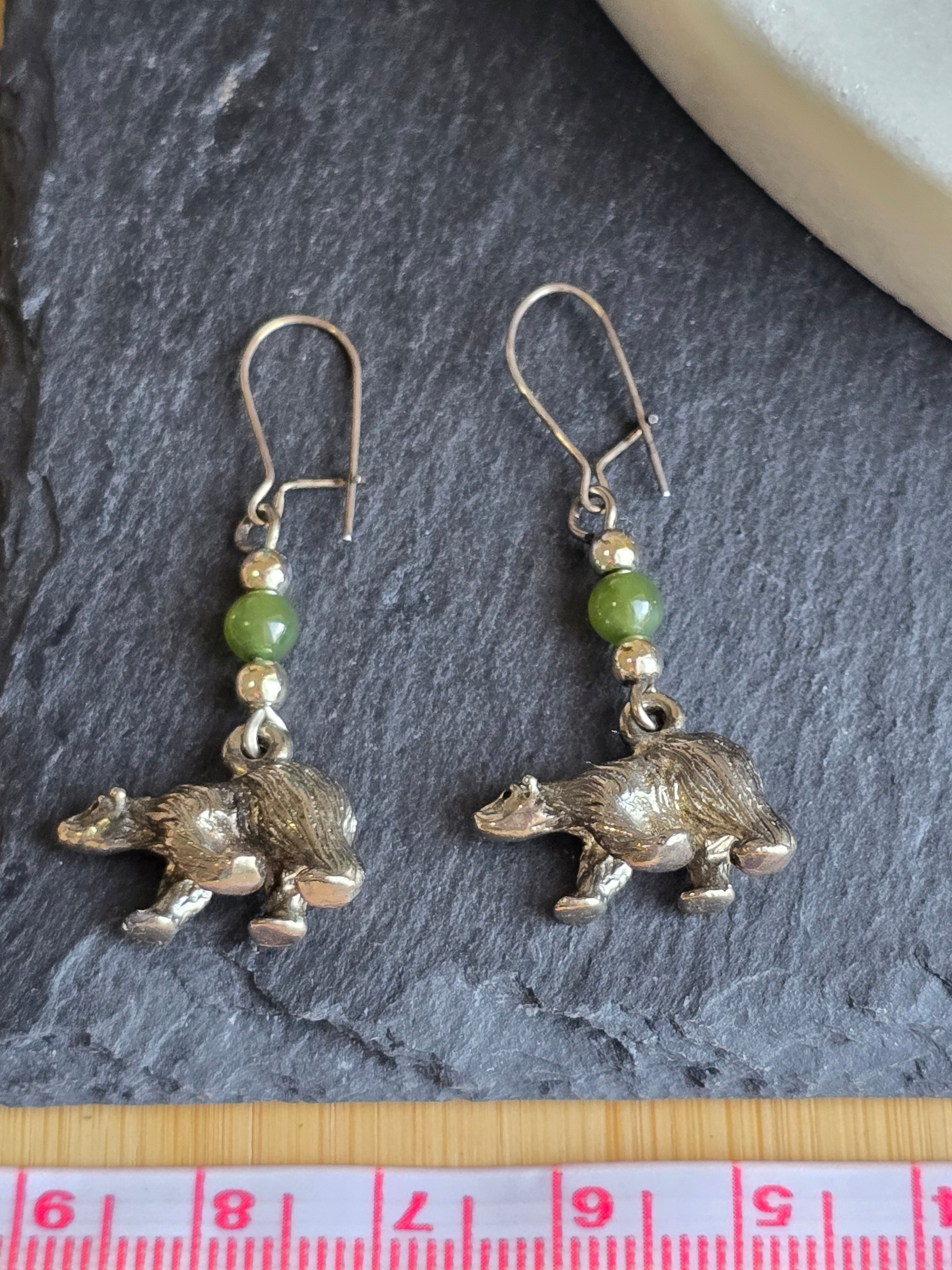 Vintage Bear Nephrite Jade Bead Dangle Earrings, Sterling Silver Ear Wires, Woodland Animal Jewellery
