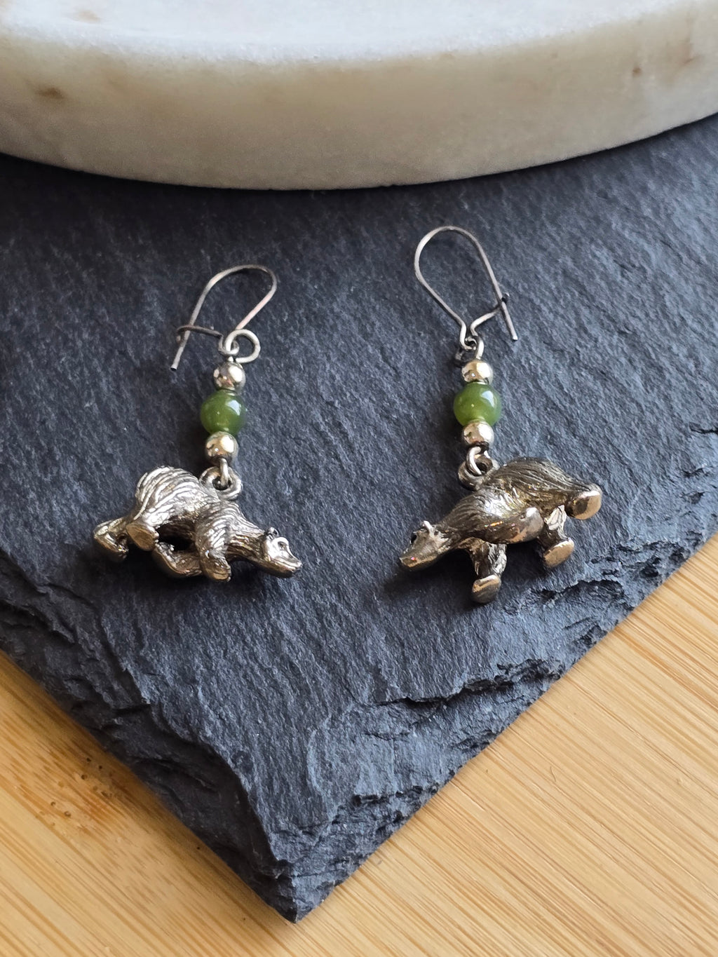 Vintage Bear Nephrite Jade Bead Dangle Earrings, Sterling Silver Ear Wires, Woodland Animal Jewellery