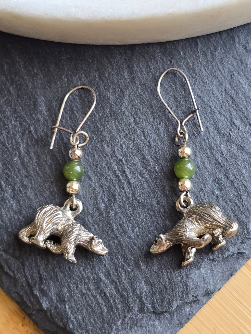 Vintage Bear Nephrite Jade Bead Dangle Earrings, Sterling Silver Ear Wires, Woodland Animal Jewellery