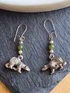 Vintage Bear Nephrite Jade Bead Dangle Earrings, Sterling Silver Ear Wires, Woodland Animal Jewellery