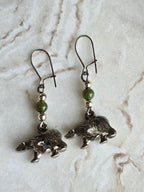 Vintage Bear Nephrite Jade Bead Dangle Earrings, Sterling Silver Ear Wires, Woodland Animal Jewellery